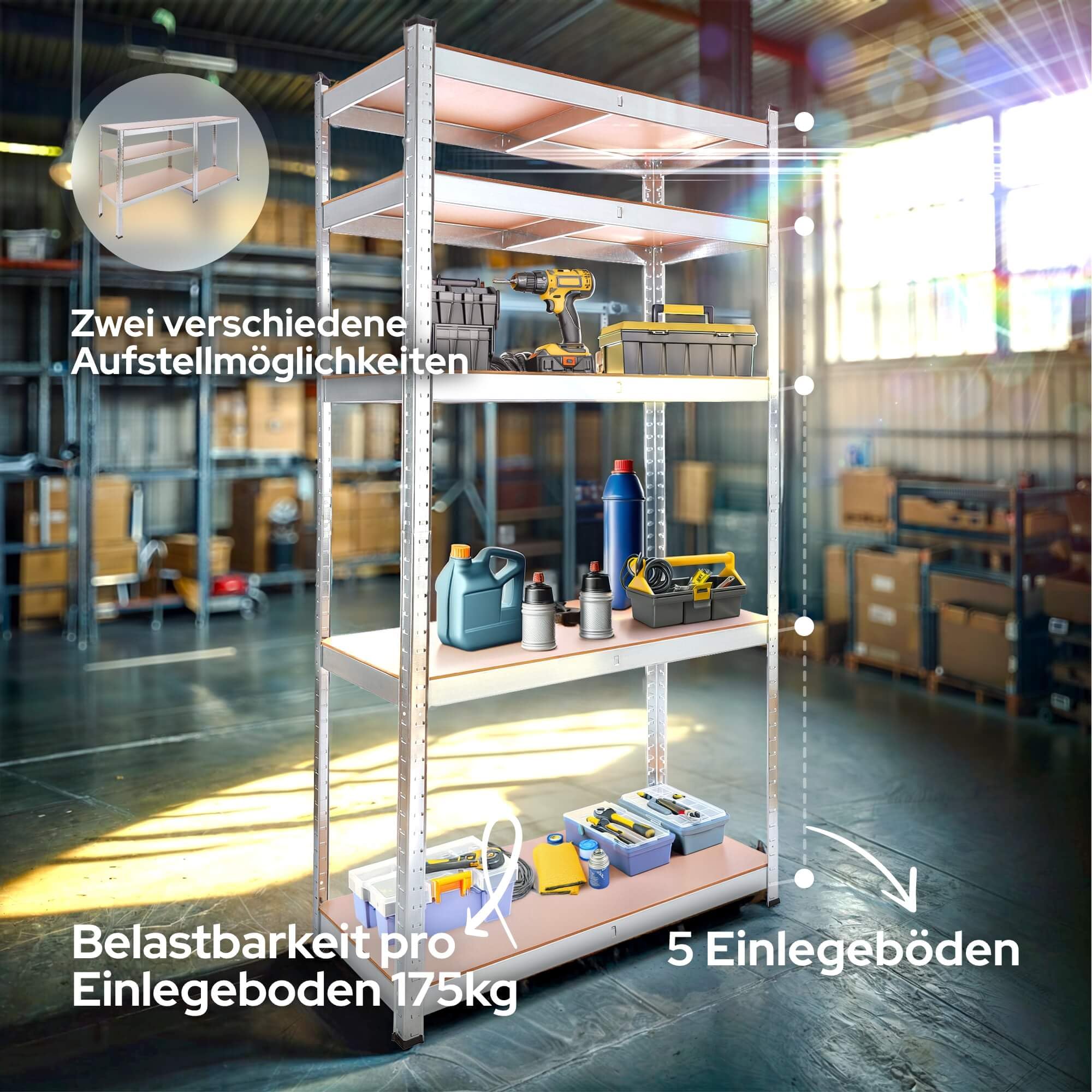 Arebos 2er Set Schwerlastregal 180 x 90 x 40 | 875kg Tragkraft | 0,63 mm | 5 verstellbare MDF-Platten Regal Lagerregal Kellerregal Steckregal Werkstattregal verzinkt