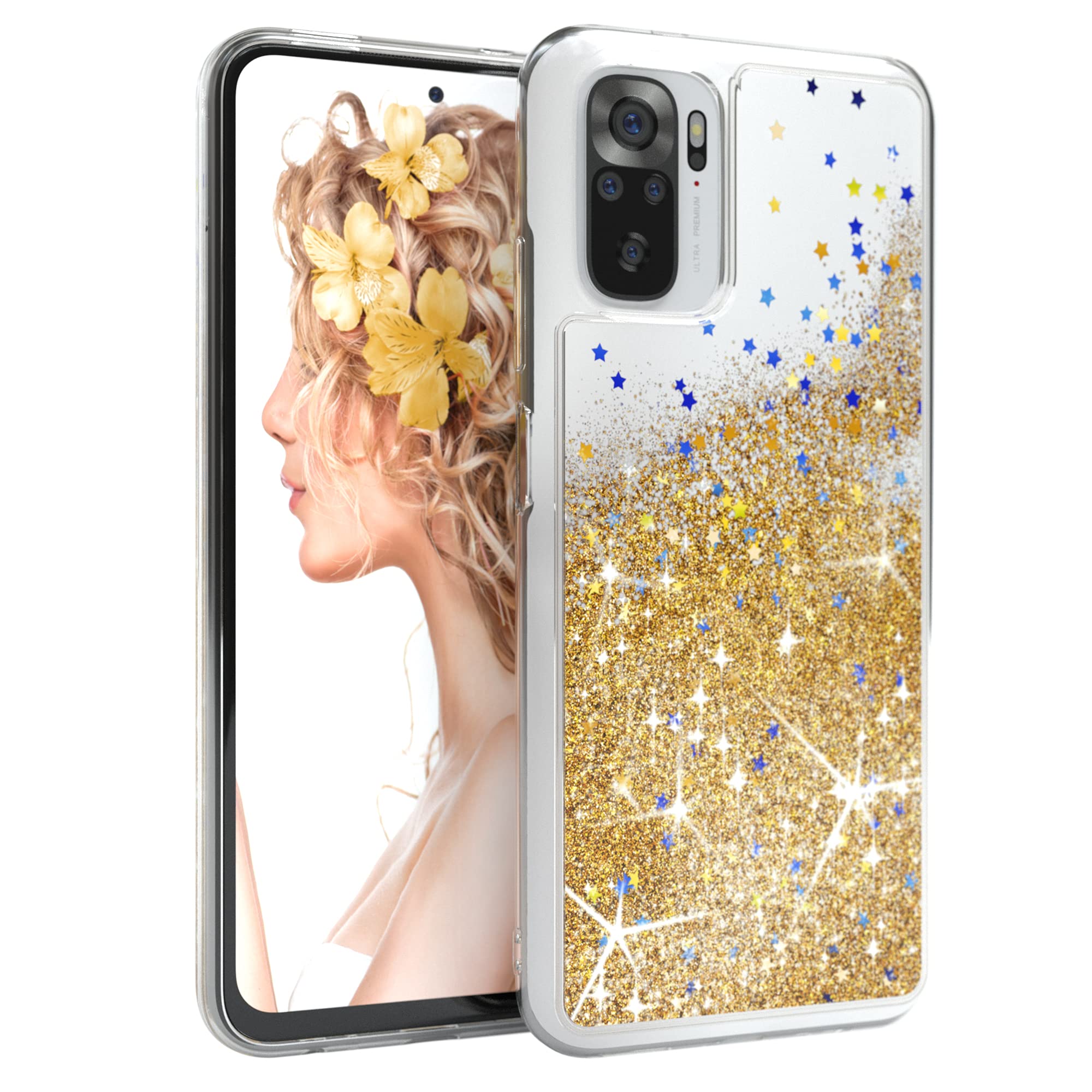 EAZY CASE Hülle | Hülle kompatibel mit Xiaomi Redmi Note 10 / 10S – Transparent/Gold Flüssig-Glitzer TPU-Silikon