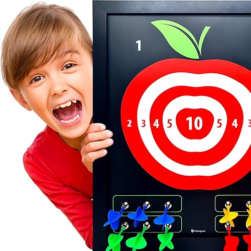 HMmagnets Tablero de dardos magnético grande y seguro (marco de madera) para niños y adultos, juego divertido para hasta 4 jugadores, incluye 12