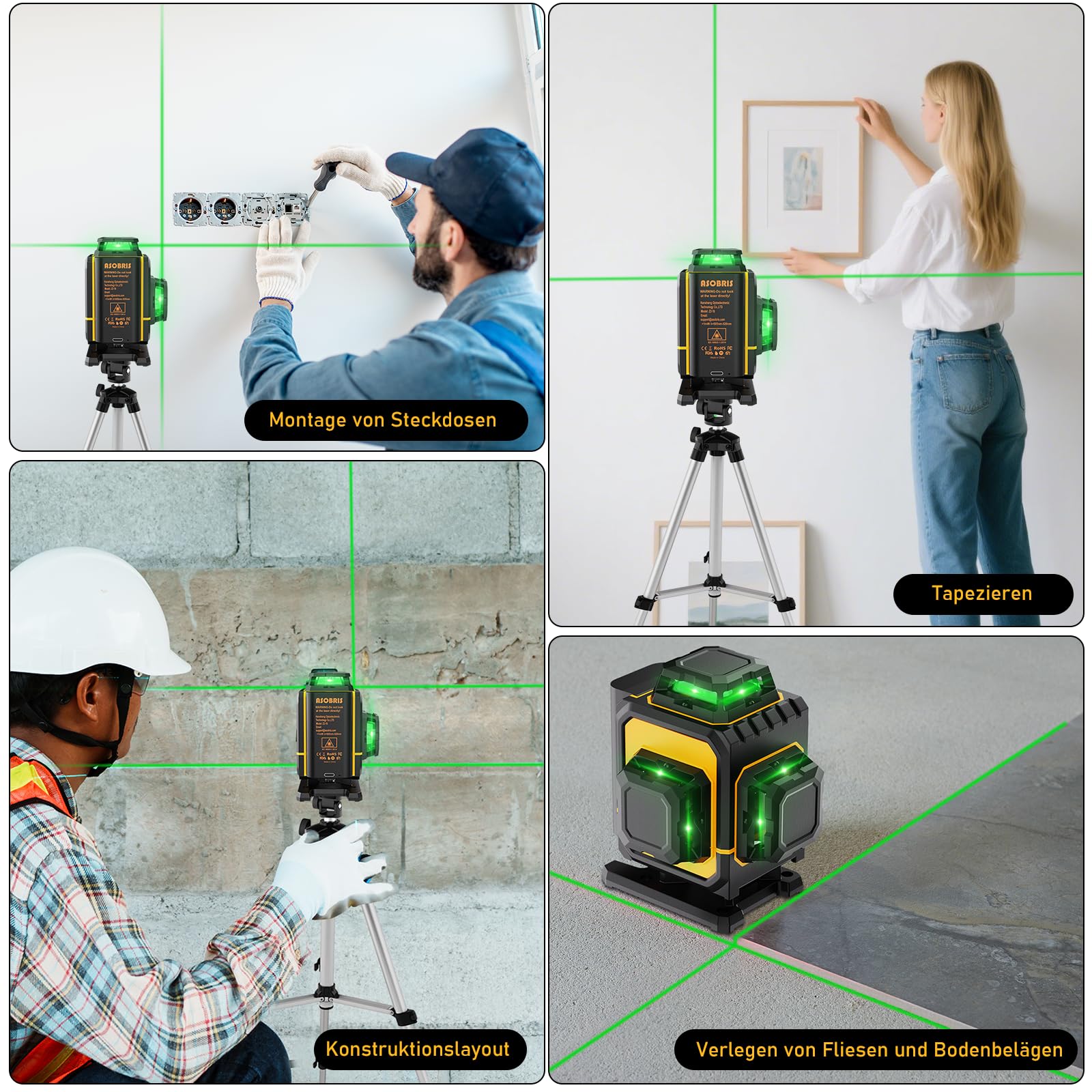 Kreuzlinienlaser mit Stativ,ASOBRIS 16 Linienlaser Selbstnivellierend Laser Wasserwaage mit 2x2400mAh Batterien,Fernbedienung&LED-Anzeige,4x360 Grad Nivellierlaser Laser Level kreuzlaser (Gelb)