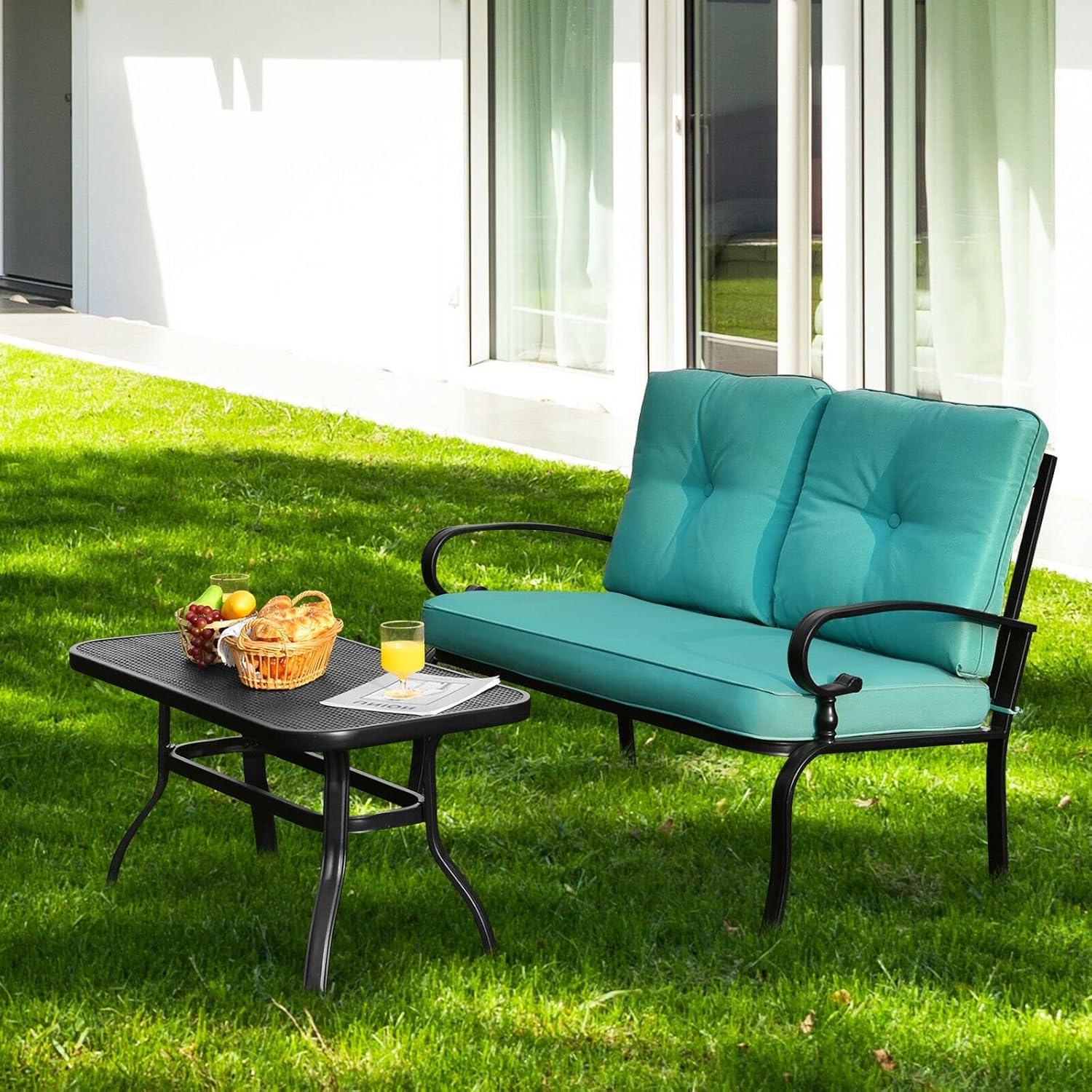 2PCS Patio Loveseat Bench Table Furniture Set Cushioned Chair Turquois Loveseat Coffee Table
