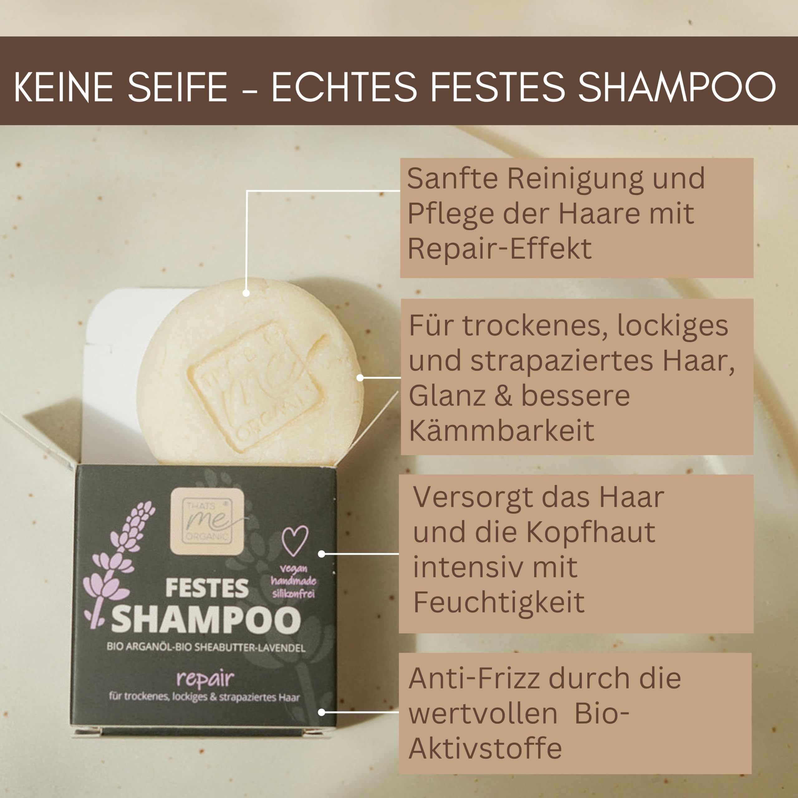 Thats me Organic Festes Shampoo „repair“ (Sparset mit Seifensäckchen) für trockenes, lockiges & strapaziertes Haar – Handgemacht mit Anti-Frizz Effekt – Ergiebiger Shampoo Bar