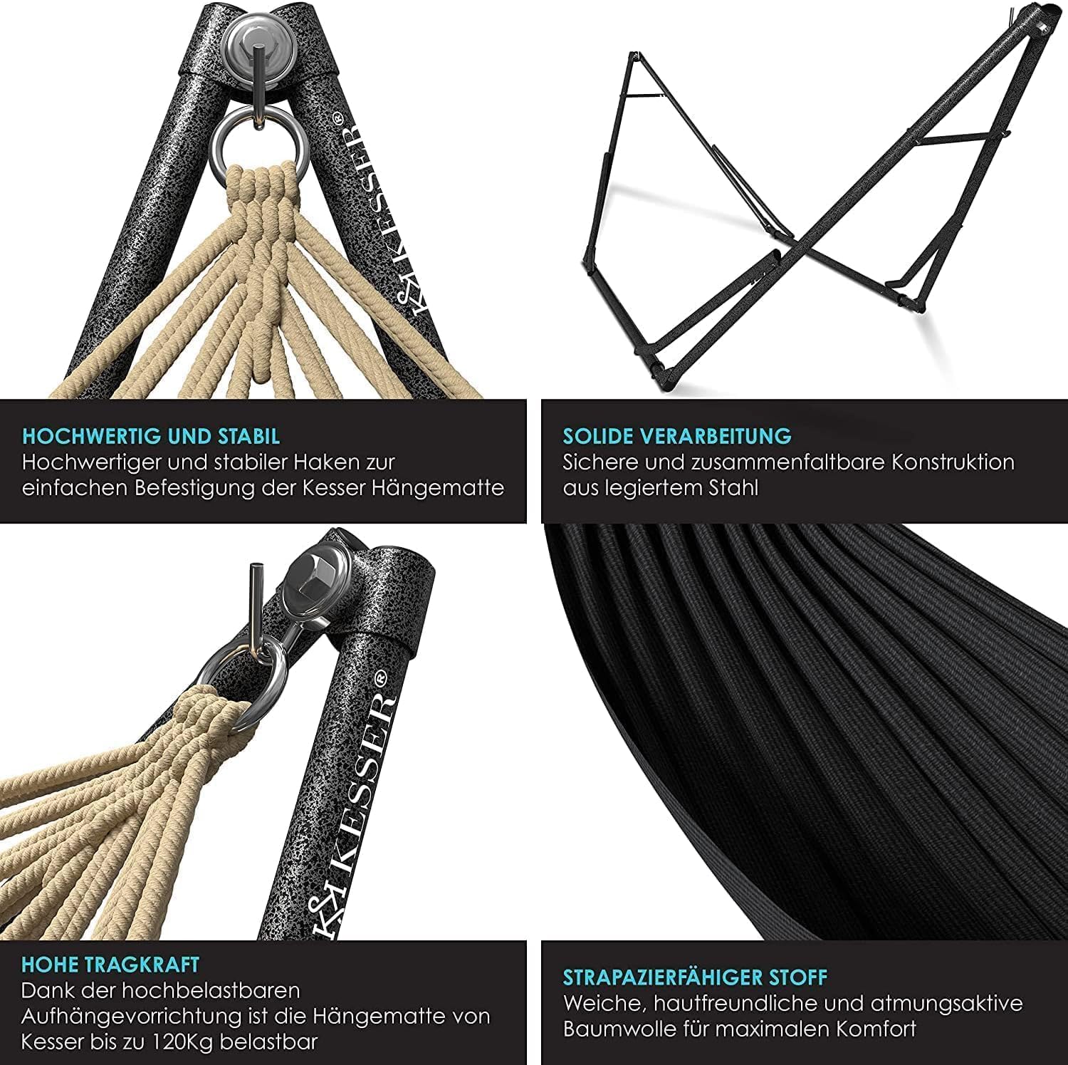 KESSER® Hangmat Vill met frame, metaal, opvouwbaar, verstelbaar, stabiel frame, voor binnen en buiten, met draagtas en zak, hangmatstandaard, camping, tuin, zwembad, balkon, terras, beige