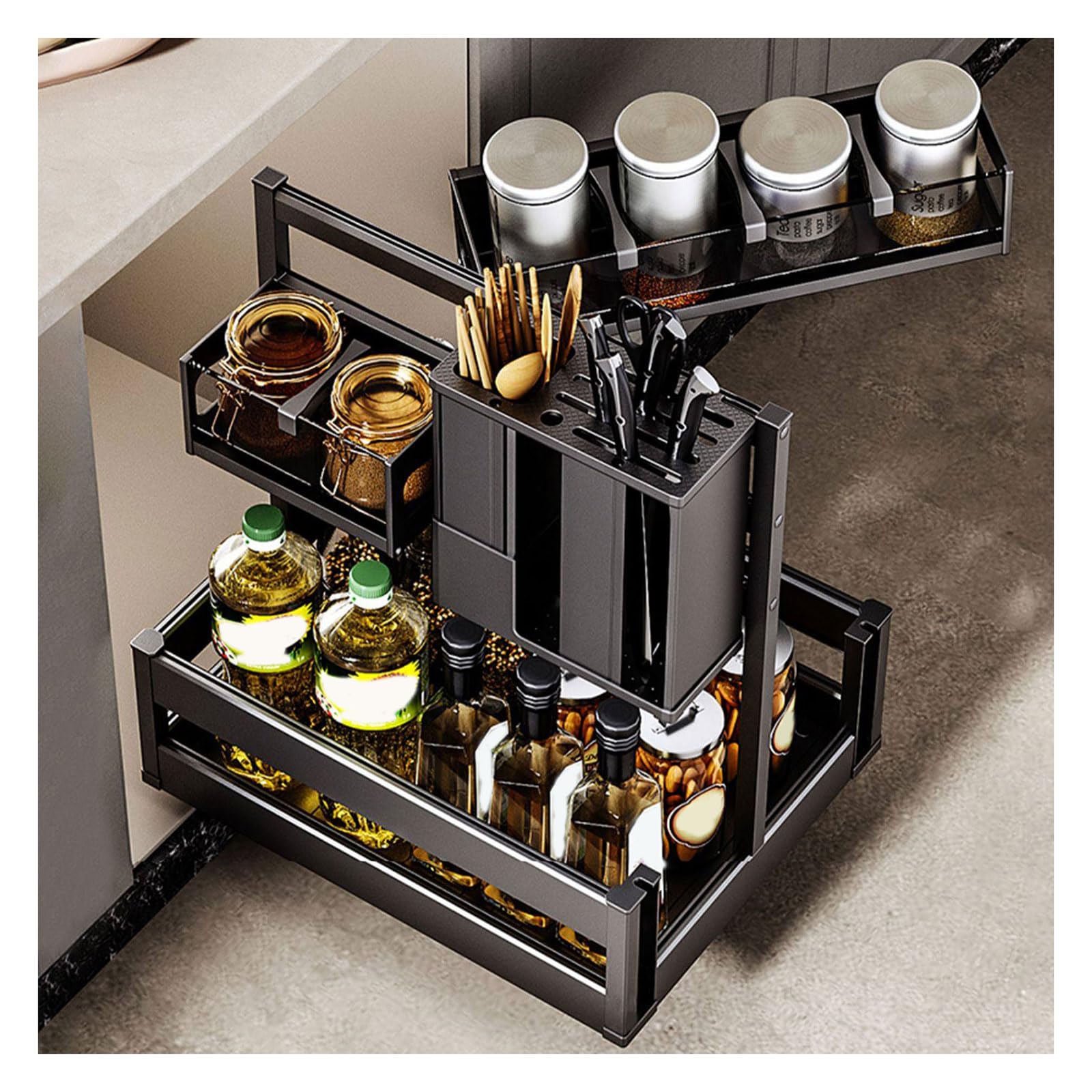 Ausziehbarer Schrank-Organizer – Gewürz-Organizer mit 2 Ebenen und Utensilienhalter für Küche, leichtgängige Schublade, Aufbewahrung für Speisekammer, Schrankorganisation