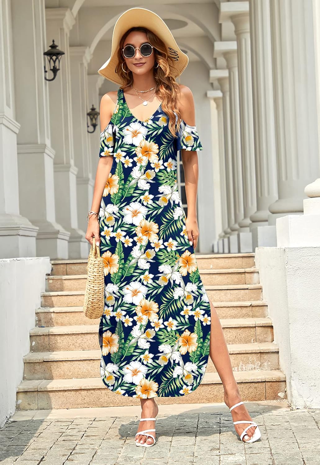 HUSKARY Women's Summer Maxi Dresses V Neck Cold Shoulder Short Sleeve Casual Loose Long Split Dress with Pocket - Image 3