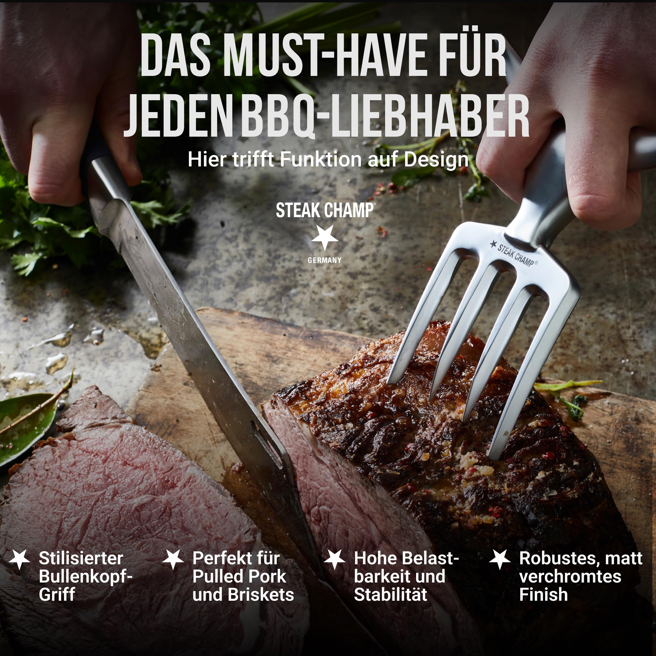 Steak Champ Bull Fork Fleischgabel, 16,5 cm: Massive Serviergabel, Tranchierbesteck, mit Zinklegierung, verchromt, spülmaschinenfest