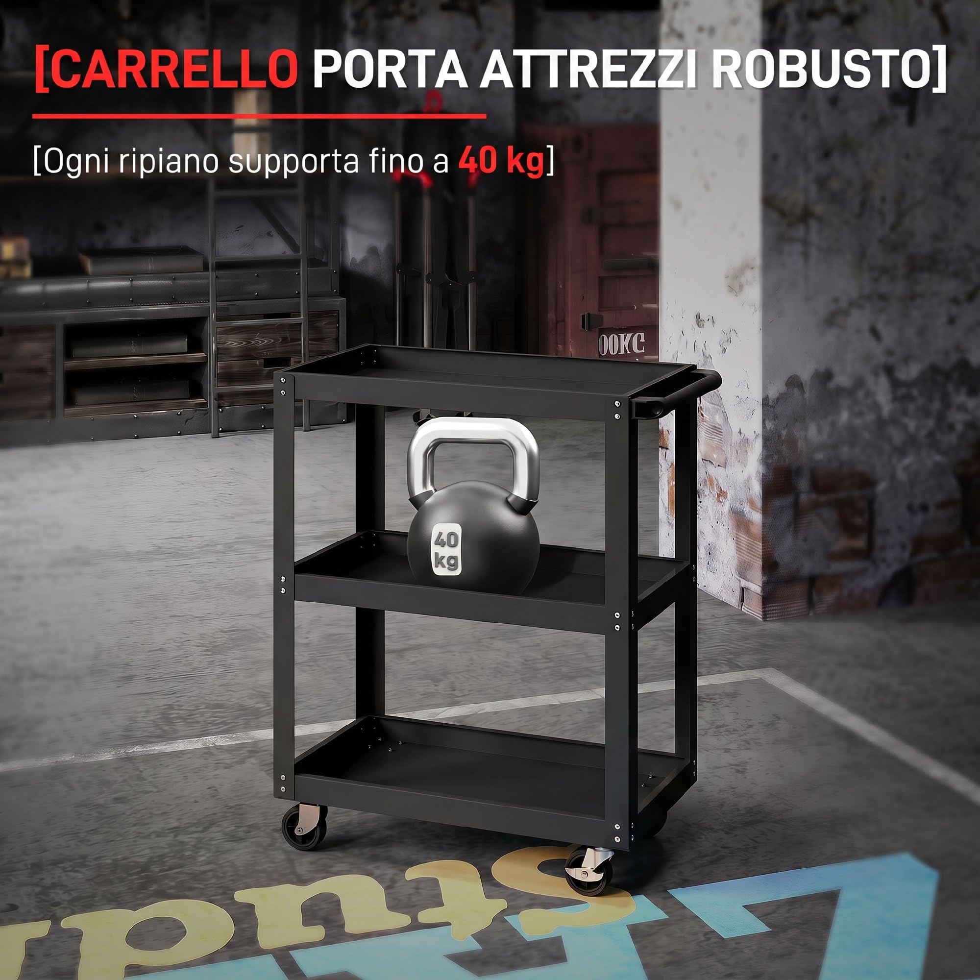 HOMCOM Carrello Porta Attrezzi a 3 Ripiani con Bordi Rialzati, Nero