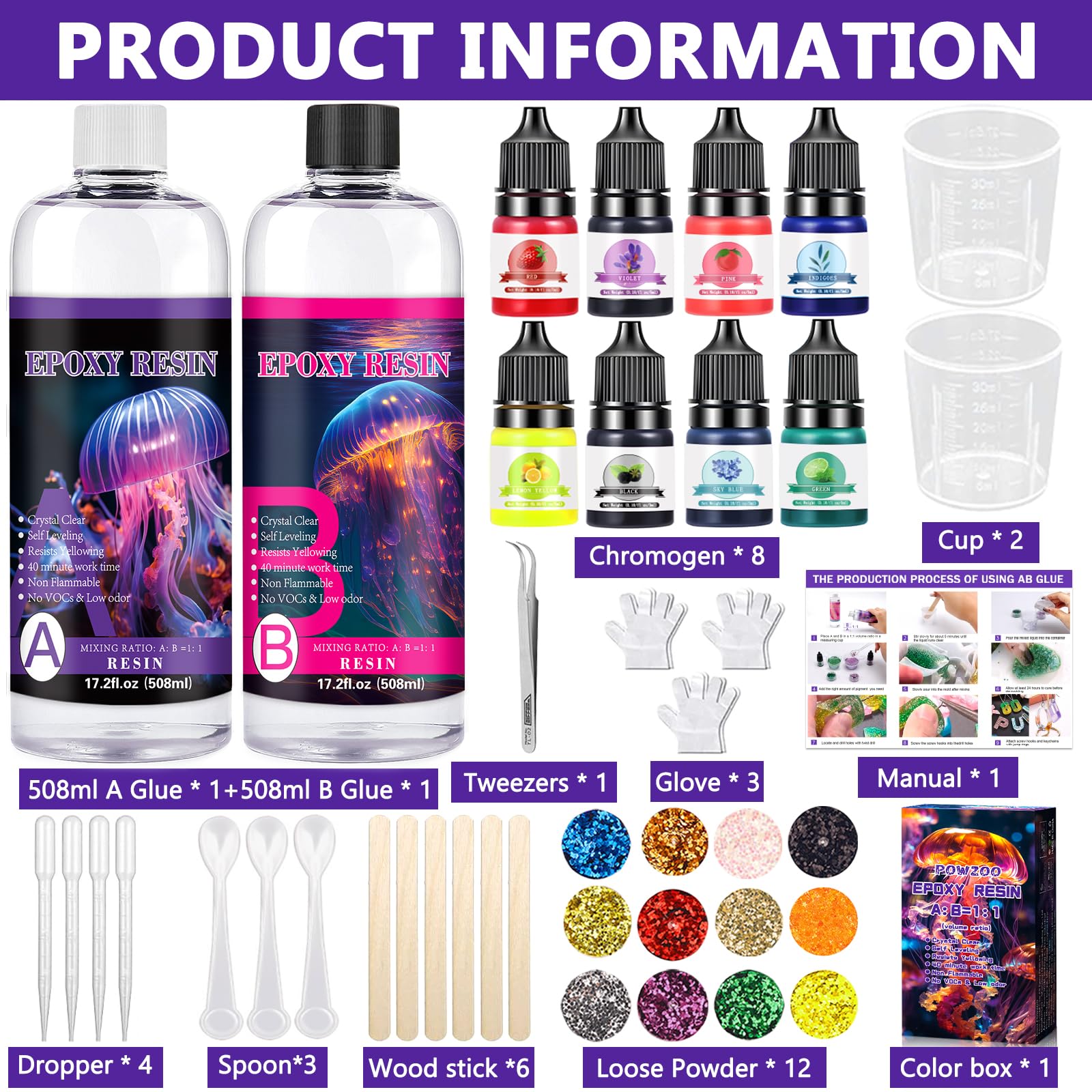 POWZOO Resina Epossidica con Di indurente 1016 ml, Epossidica Trasparente Kit Rapporto 1:1 Starter Kit,con Pigmenti,Glitter,Guanti,Misurini, ecc.
