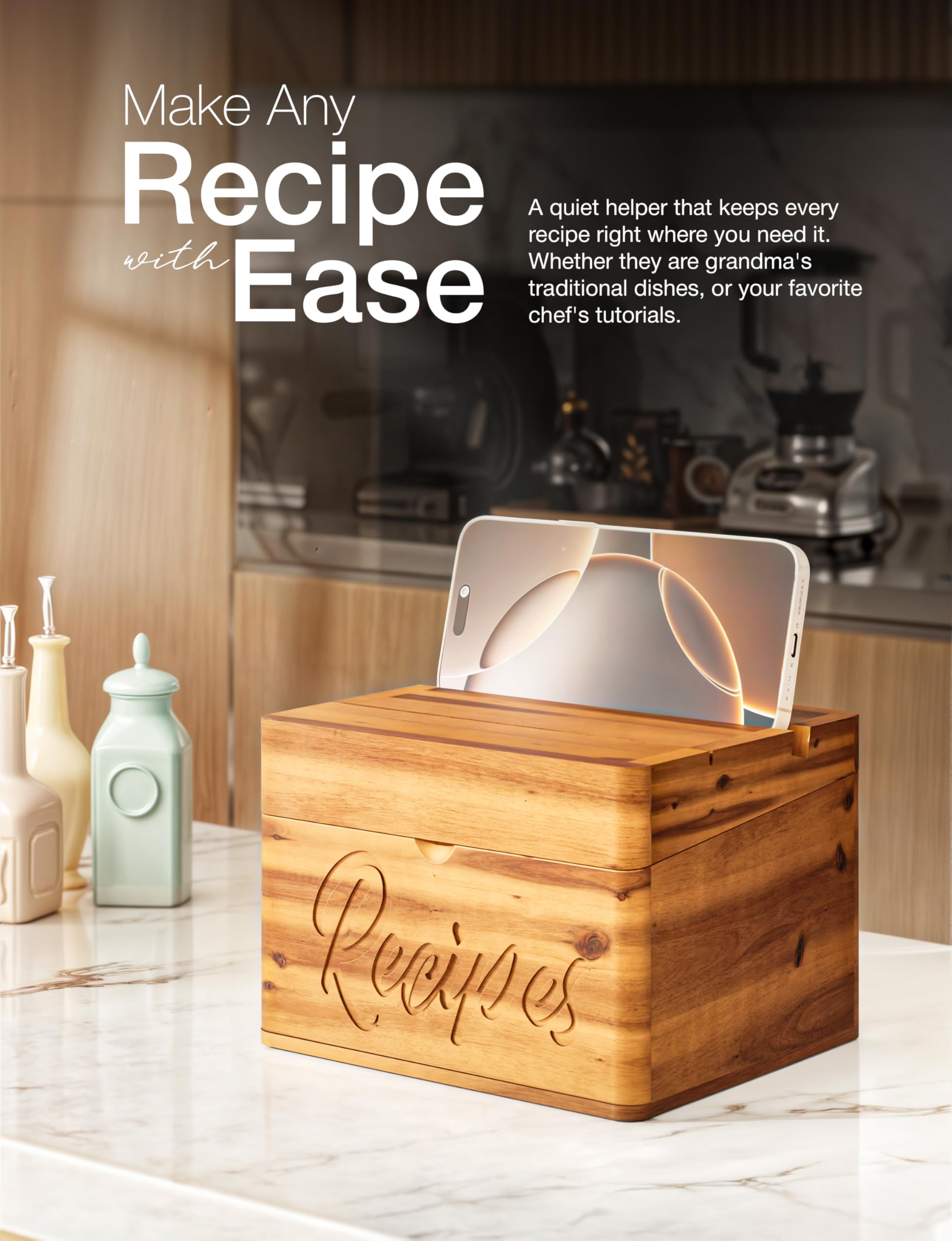 Acacia Recipe Box - Wooden Holder with Cards -5