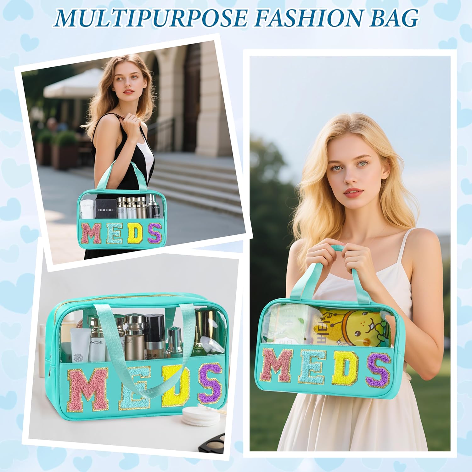 Medicine Bag for Travel, Chenille Letter Clear Makeup Bag, 11.8" x 7.9" Nylon & PVC Waterproof Meds Pouch with Handle and Zipper, Cute Preppy Storage Cosmetic Pouches for Women Girls (Meds Blue) - Image 4