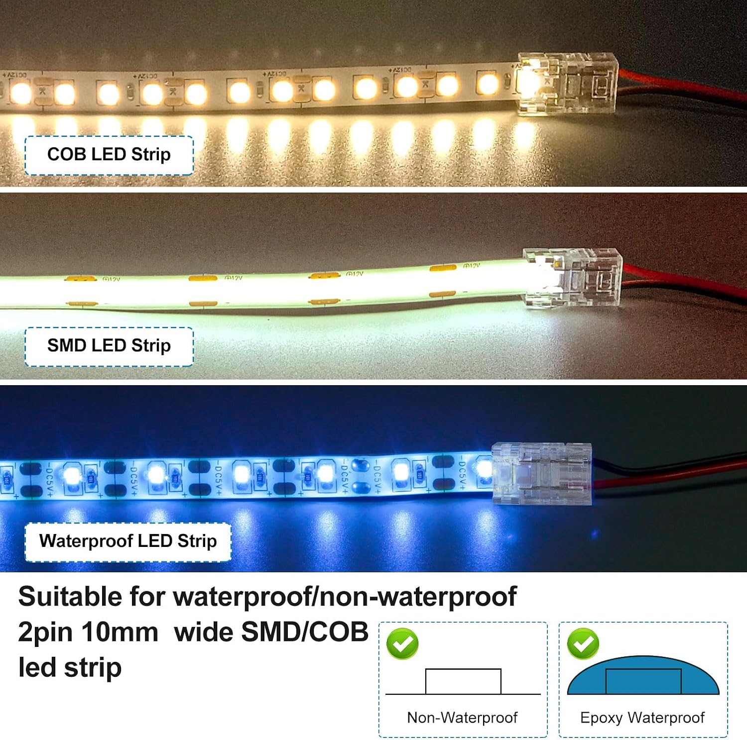 VIPMOON 20Pack 2Pin 10mm LED Strip Connectors, Solderless Quick Strip to Wire Connector for 10mm Waterproof or Non-Waterproof COB/SMD Single Color LED Strip, 5V-36V 5.5A Max