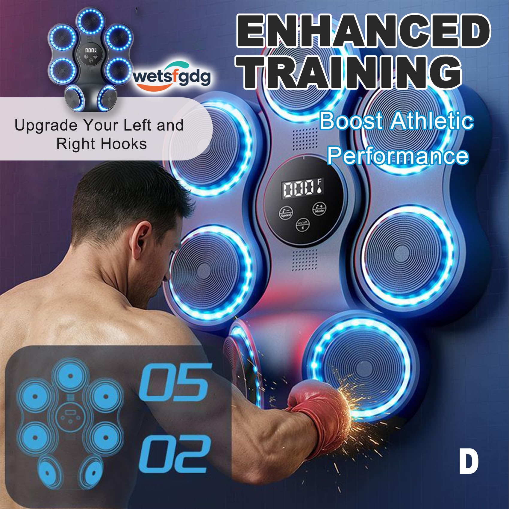 Music Boxing Machine Adulti e Bambini,Macchina da Boxe Musicale da Muro con Bluetooth,9 modalità di velocità e Conteggio,Luci LED,Altezza di Montaggio Regolabile,Ricaricabile