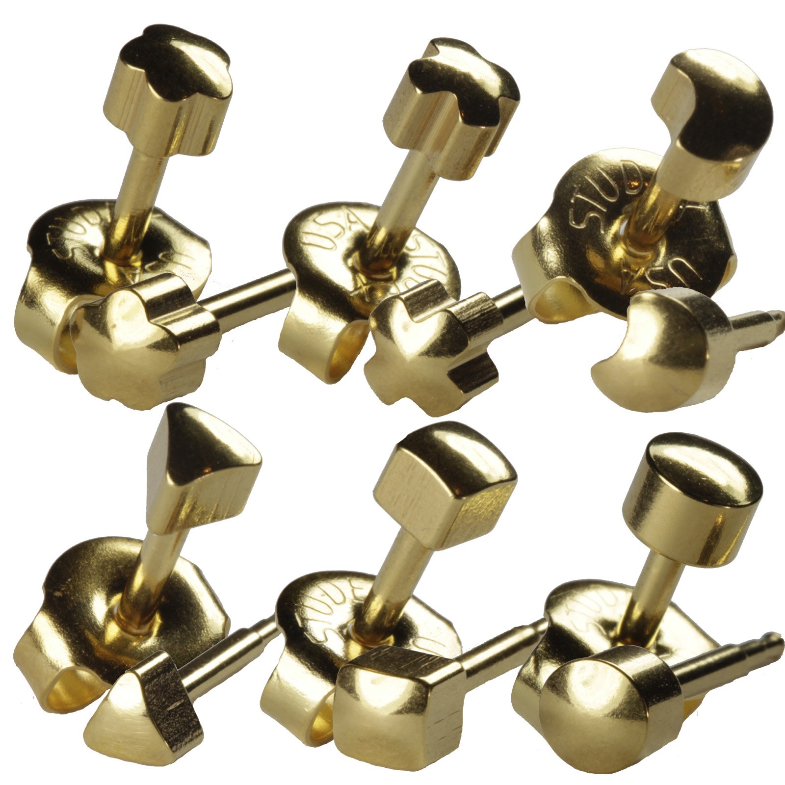 6 Pairs 4mm Gold Shapes Set #2 Studex Ear Piercing Earrings 16ga Thick Post Hypoallergenic