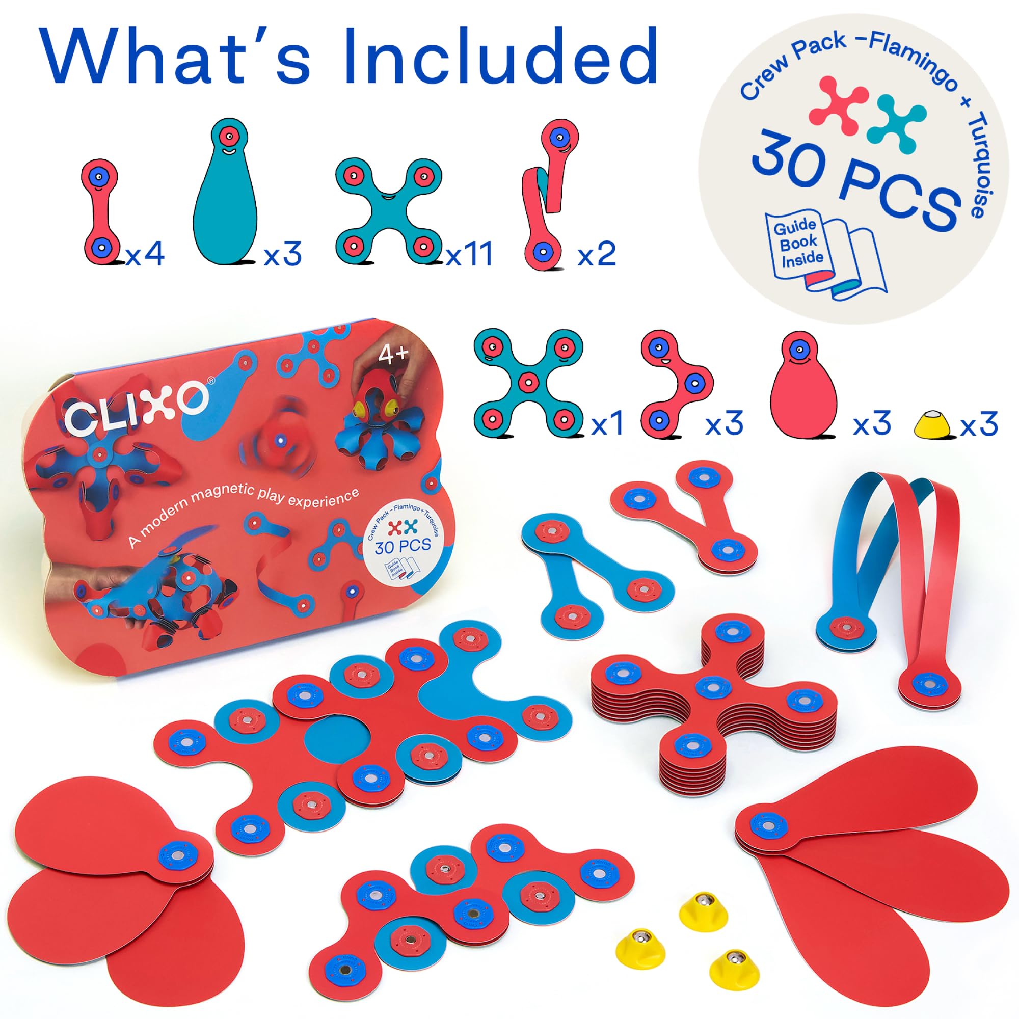 Clixo Crew Pädagogisches Spielzeug für Kinder ab 4 Jahren, Spielzeug Set mit magnetischen Bausteinen für Mädchen und Jungen, Montessori Kinderspielzeug 30-teilig, Flamingo und Türkis