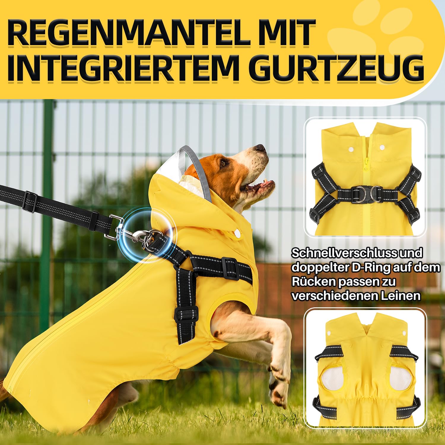 Eyein Hunderegenmantel, Wasserdichter Regenmantel mit Abnehmbarer Kapuze und Brustgeschirre, Reflektierender Hunde Regenmantel mit Atmungsaktives Netzfutter für kleine Mittelgroße und große Hunde, XL