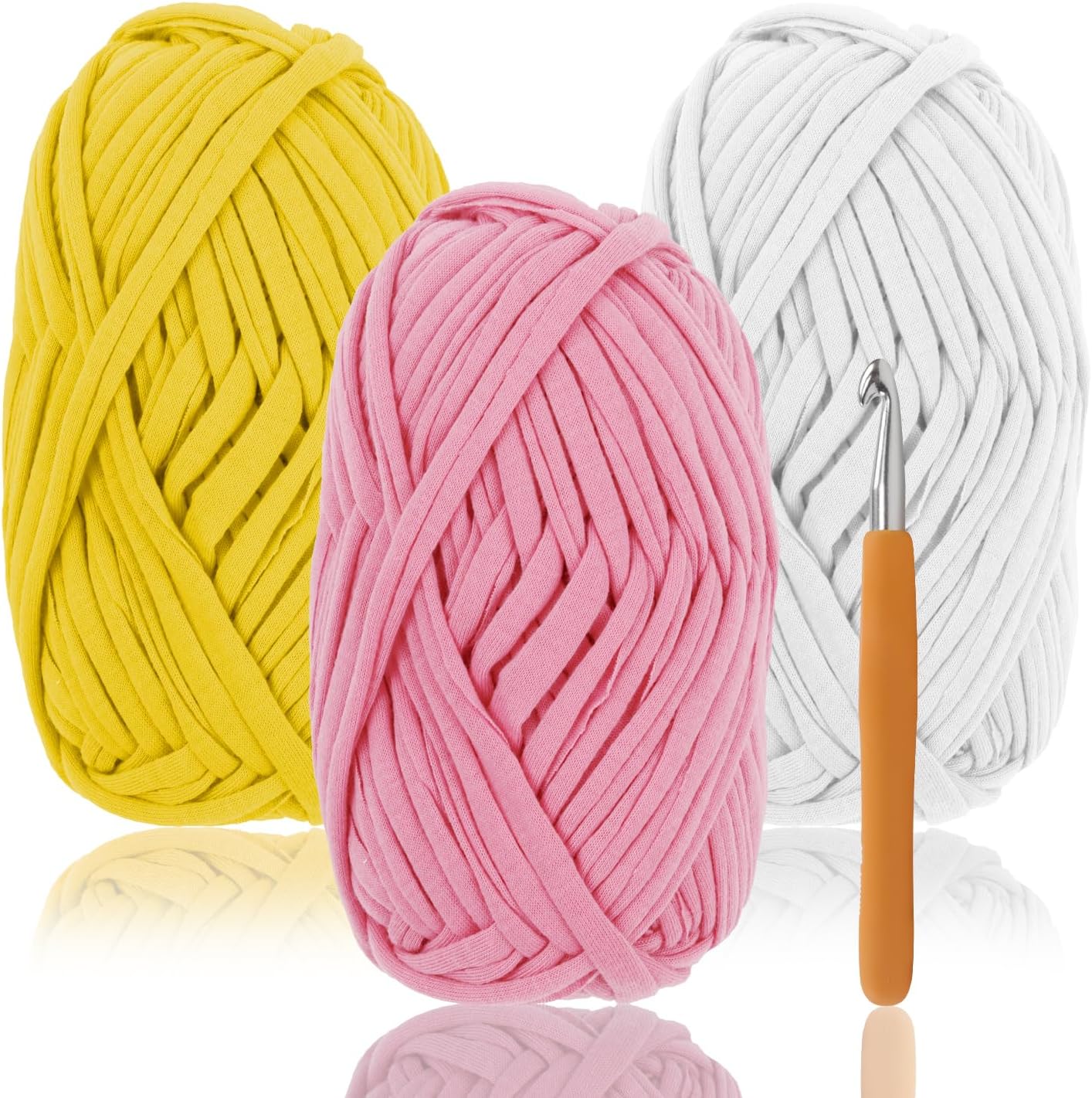 CoobbarCoobbar Knitting Yarn Fabric Cloth T-Shirt Carpet Yarn,120 Yards for Hand DIY Bag Blanket Cushion Crocheting Projects,with Crochet Hook (Yellow,White,Pink)