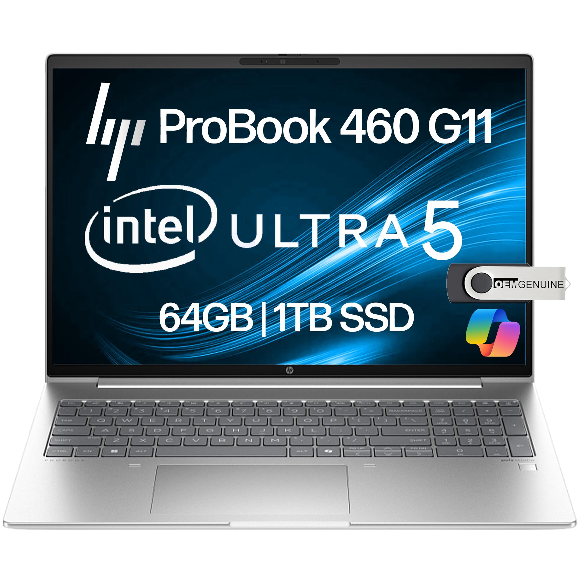 HP ProBook 460 G11 Business Laptop 16” FHD+ Display, Intel Core Ultra 5 125U (Beats i7-1355U), 64GB DDR5 RAM, 1TB NVMe, Wi-Fi 6E, RJ-45, Webcam, Backlit Keyboard, Win 11 Pro - Pike Silver Plastic