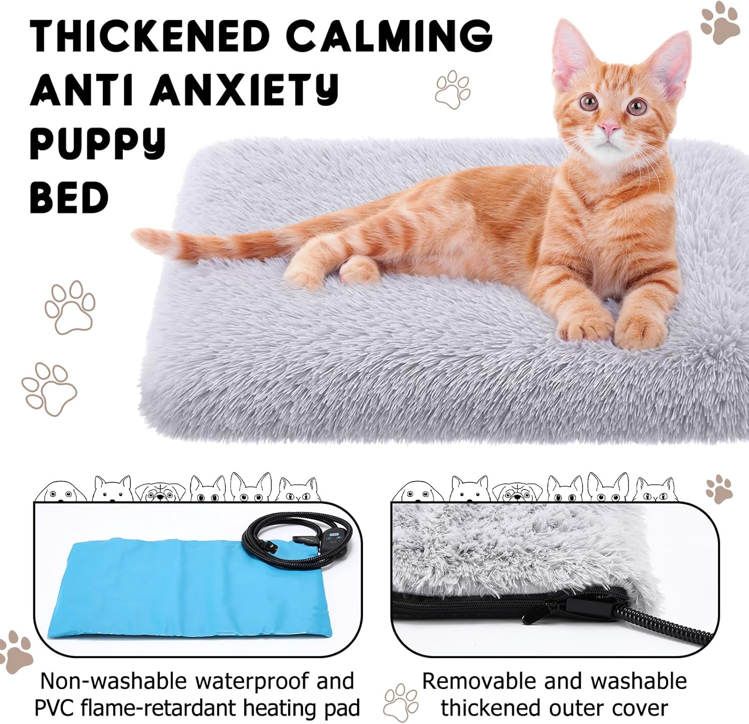 Heating Pad for Cats Dogs, Thickened Calming Anti Anxiety Puppy Bed, Anti-Slip Fluffy Plush Faux Fur Cat Bed with Removable Washable Cover Non-Slip Bottom, Electric Cat Warming Pad(20 x 16)