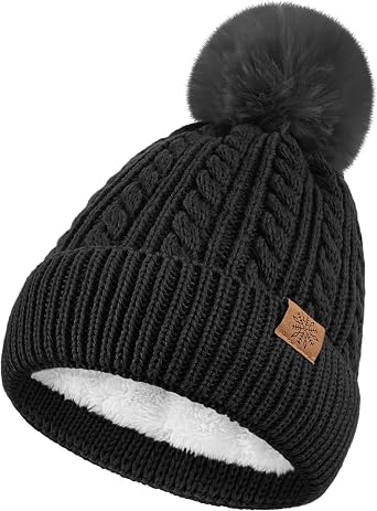 Winter Hats for Kids - Kids Beanie, Toddler Knit Girls Winter Hat Knit | Age 6-14, with Cute Pom-Pom Warm Fleece, Knit Girls Beanie Hats for Girls Boys