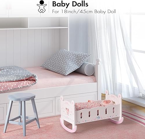 Miniatura 7 de ROBUD Cuna de madera para muñecas de bebé, juguetes para muñecas de hasta 18 pulgadas, accesorios para muñecas, con colchón, almohada, edredón,
