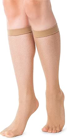 NOQ Women Socks Knee-Highs Fishnet Type Pressure-Free Black Beige Mesh Net with Comfort Top Ladies Lingerie One Size Ramona