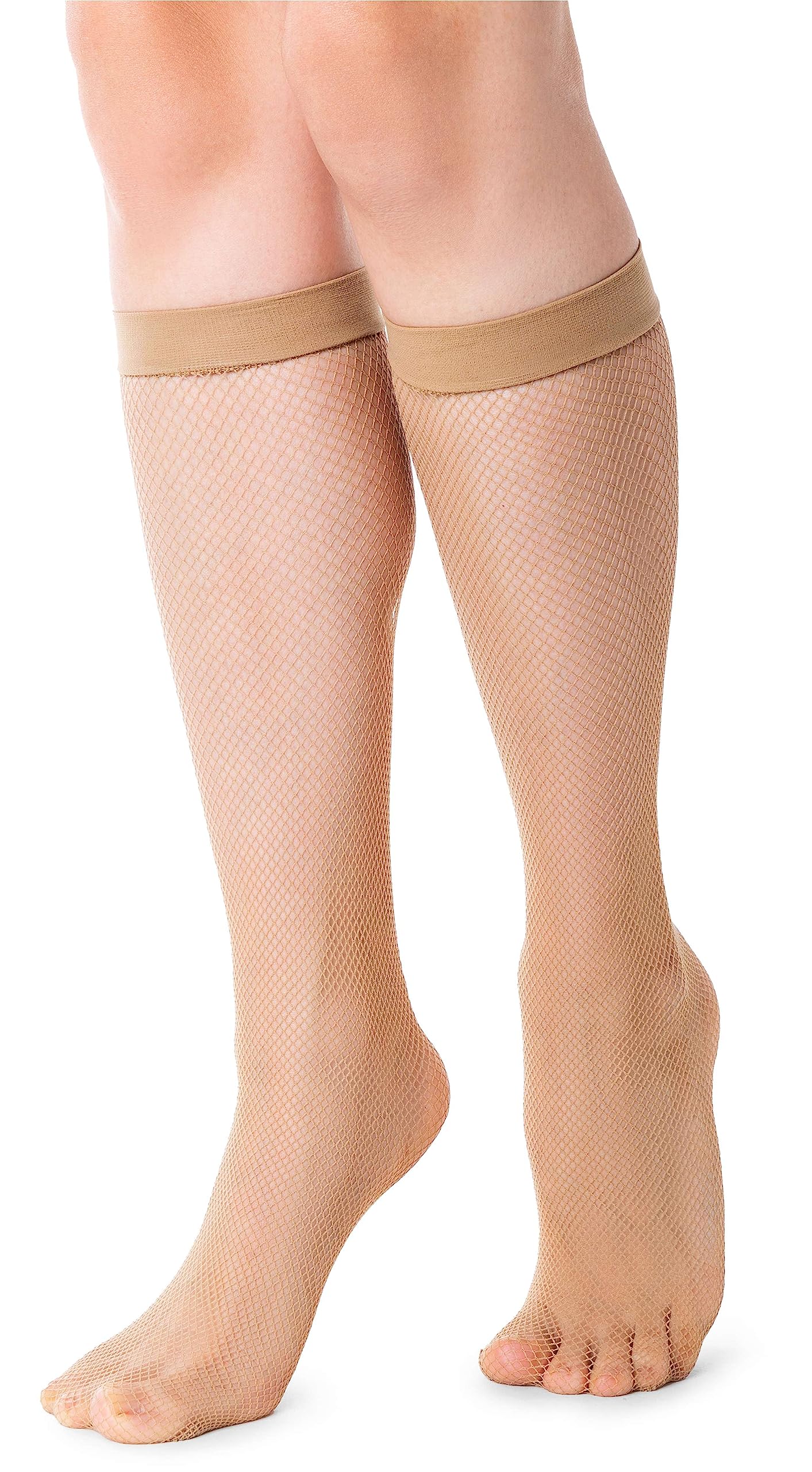 NOQ Women Socks Knee-Highs Fishnet Type Pressure-Free Black Beige Mesh Net with Comfort Top Ladies Lingerie One Size Ramona, Beige