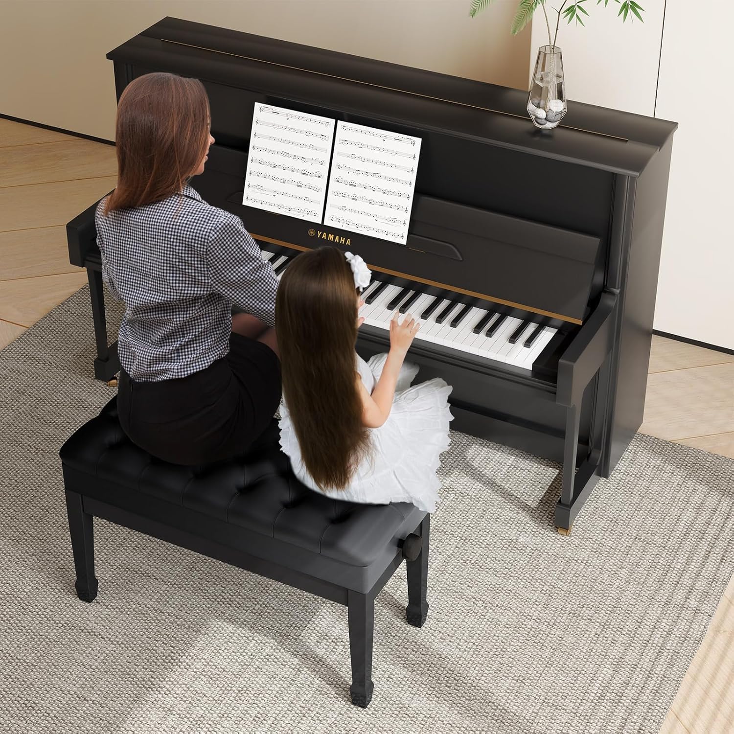 LIFERUN Doppelte Klavierbank, Lange Klavierstuhl höhenverstellbar 72 x 34 x 50 cm, Pianobank aus Verdickte PU Leder mit Stauraum, Robuste Klavierhocker aus massivem Holz mit gebogenen Beinen, Schwarz