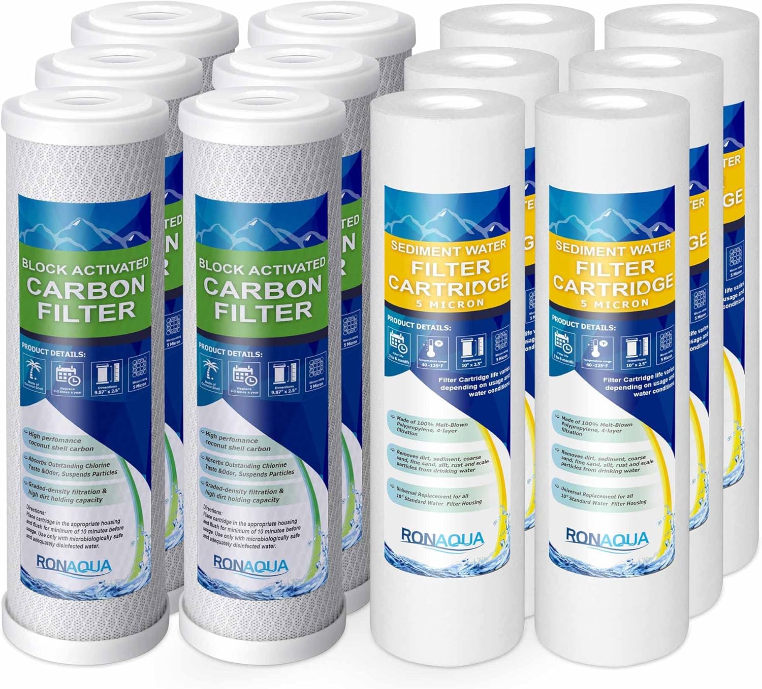 6 Standard Coconut Shell Block Carbon & 6 Four Layers of Filtration Polypropylene Sediment 5 Micron 2.5"x 10" Water Filter Cartridges Universal replacement for Reverse Osmosis & Standard 10” Housing