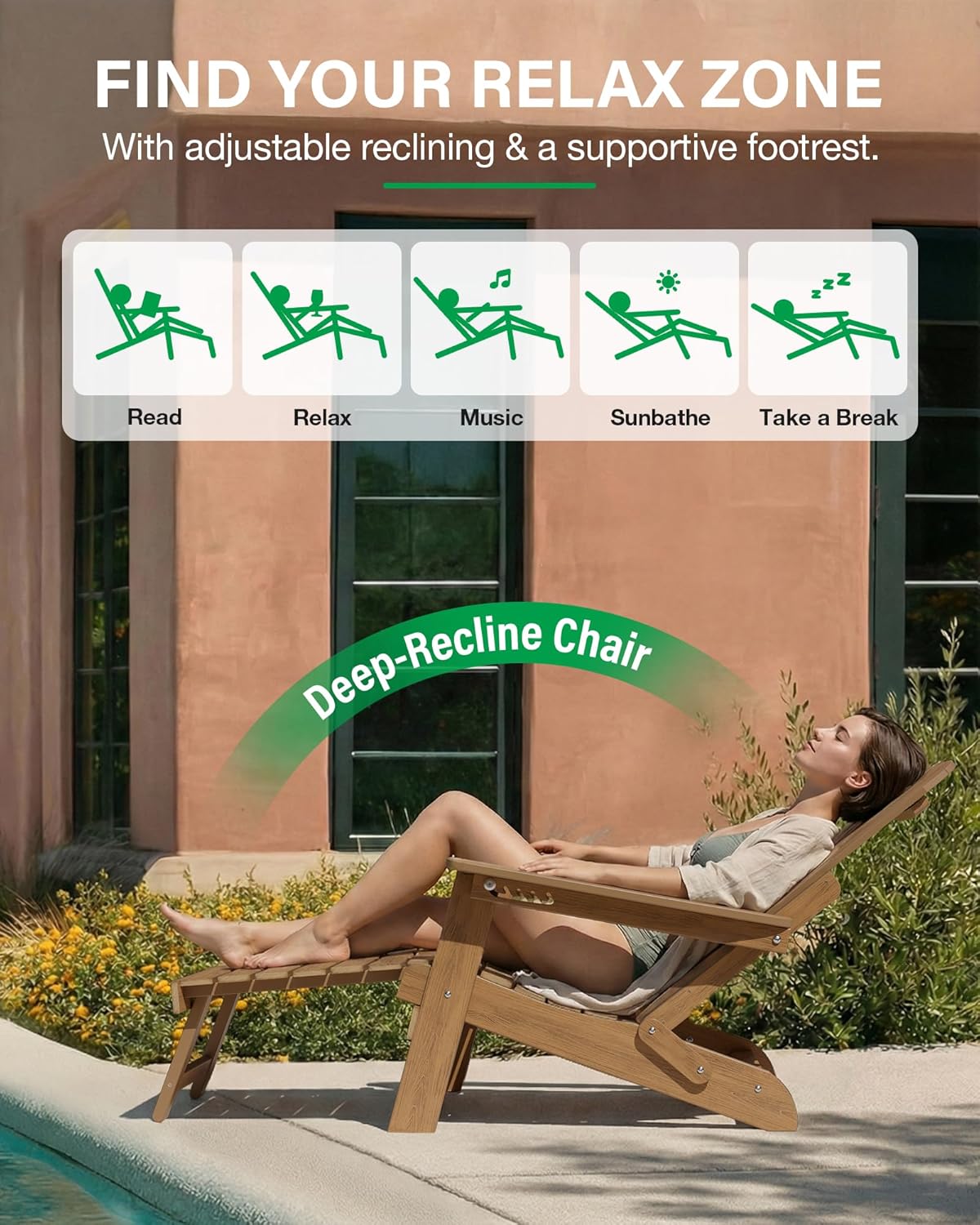 YEFU Adjustable Adirondack Chair with Footrest Set of 4, 5-Level Adjustable Adirondack Chair with Retractable Ottoman& Cup Holder, Folding Adirondacks Chairs Use for Outdoor, Pool, Fire Pit (Walnut)