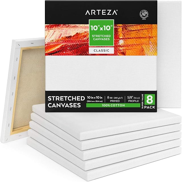 Arteza 25 x 25 cm (10"x10") Stretched Blank Square Canvas for Painting, Pack of 8, Primed 100% Cotton, for Oil & Acrylic Painting, Pouring, Wet Art Media, Art Supplies for Artist & Beginner