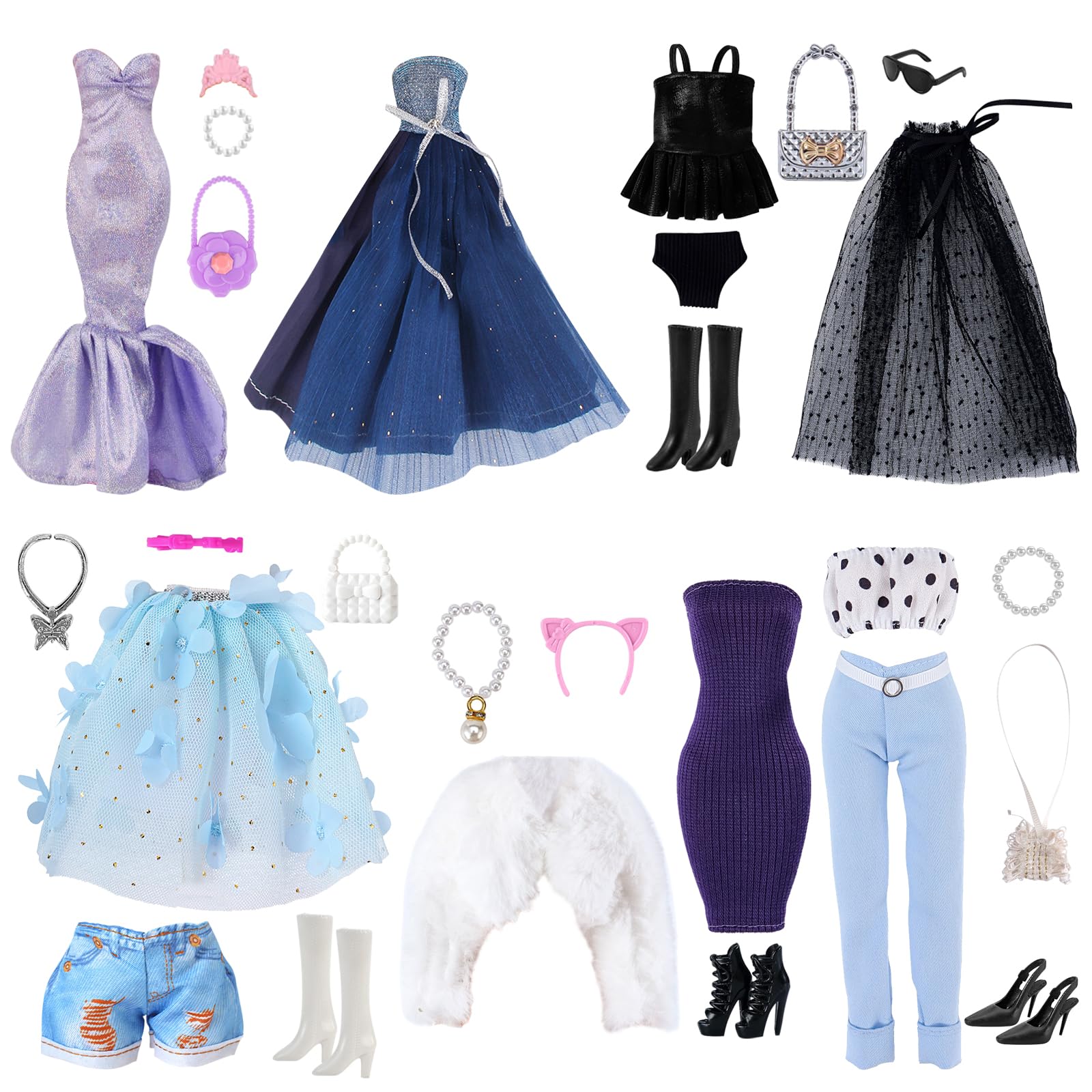 DAVBNM 32Pcs Clothes and Accessories Compatible with 11.5 Inch Girl Dolls, Stylish Clothes and Accessories, Including Party Dress, Jewelry Accessoy, Strapless Princess Dress, Fashion Tops Pants