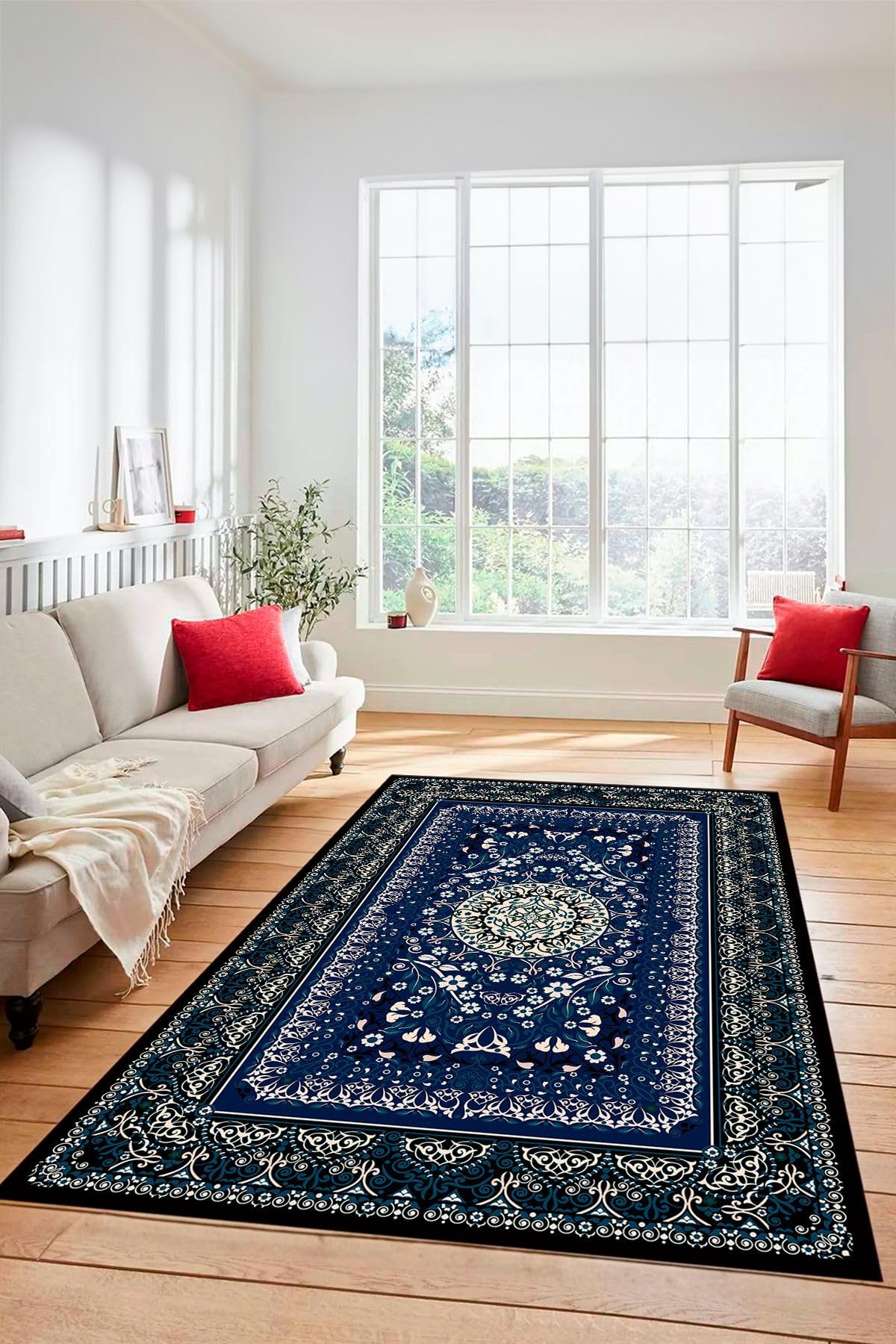 Evdeya Şık Klasik Desen Dijital Kaymaz Taban Yıkanabilir Yolluk Mutfak Salon Halısı KLASİK-14, Mavi, 80 x 200