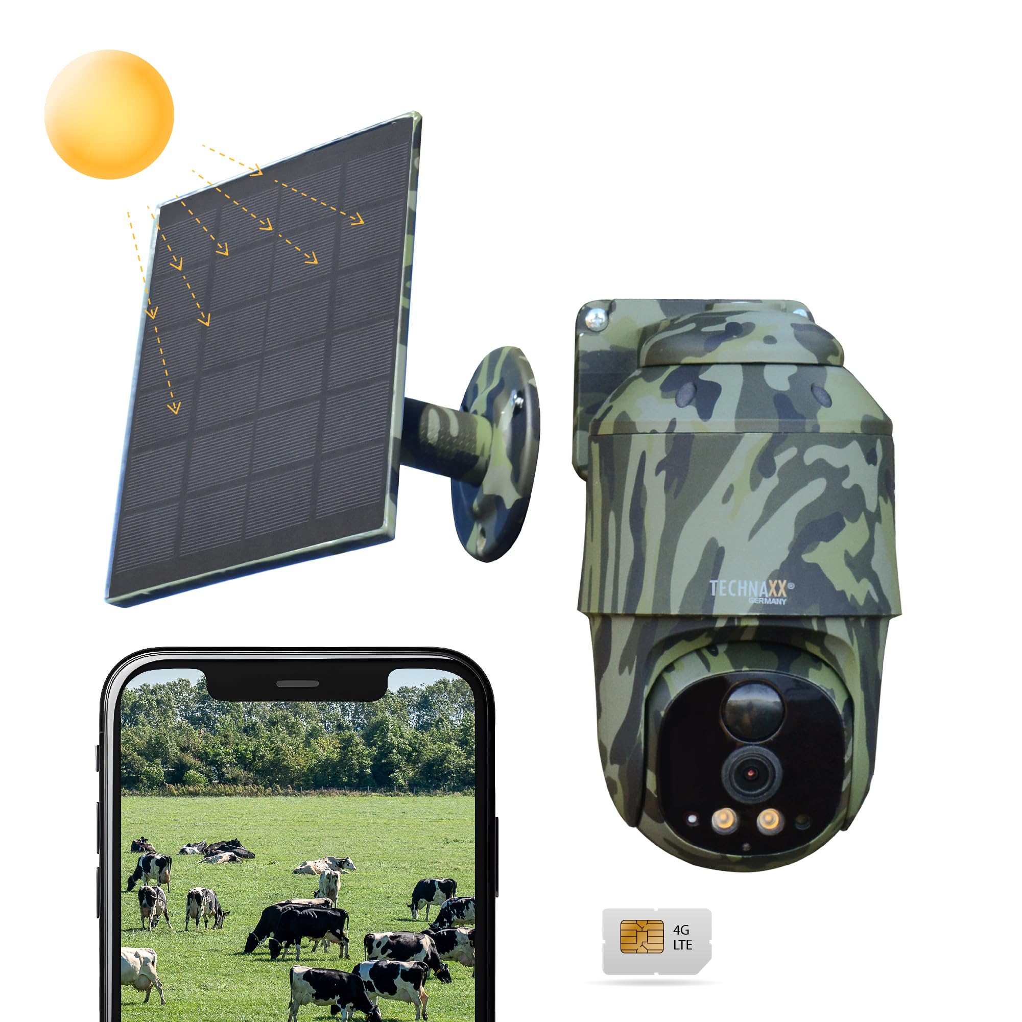 Technaxx Telecamera PT 4G da esterno con pannello solare 5W, 4MP, PIR, PTZ 360°, IP65 TX-290