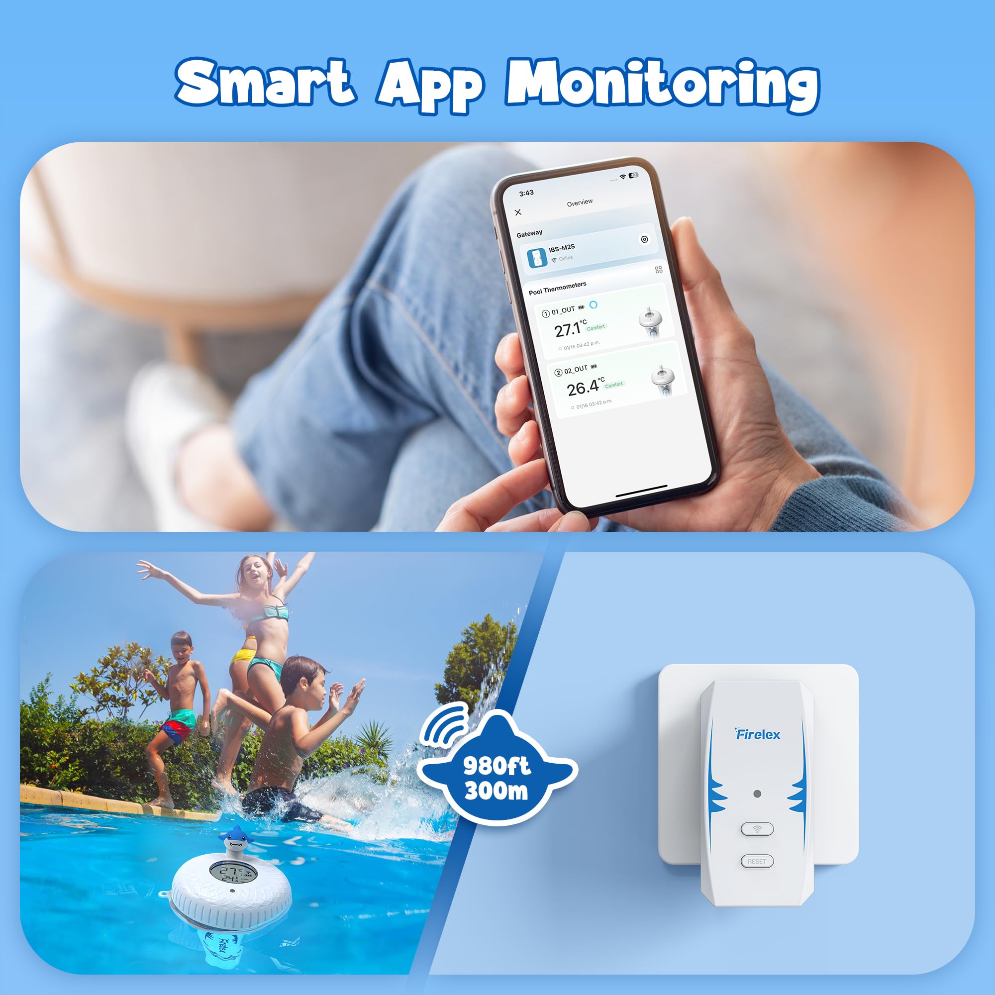 WLAN Pool Thermometer Funk Schwimmend mit Gateway, Smart App Benachrichtigung 2,4 GHz, Digitales Poolthermometer für Alexa Sprachsteuerung, Wasserthermometer für Pool, Whirlpool, Spa, Teich