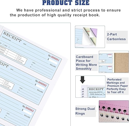 Miniatura 2 de Gran libro de recibos de dinero y alquiler con inserto de cartón, 3 partes sin carbono, 7.9 x 11.2 pulgadas, encuadernado en espiral, 100 juegos por