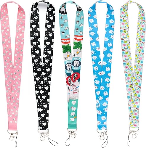 Yansitu Llavero dental, correa rosa con dientes encantadores, lindo cordón para el cuello para llaves, tarjeta de identificación para mujeres, niñas