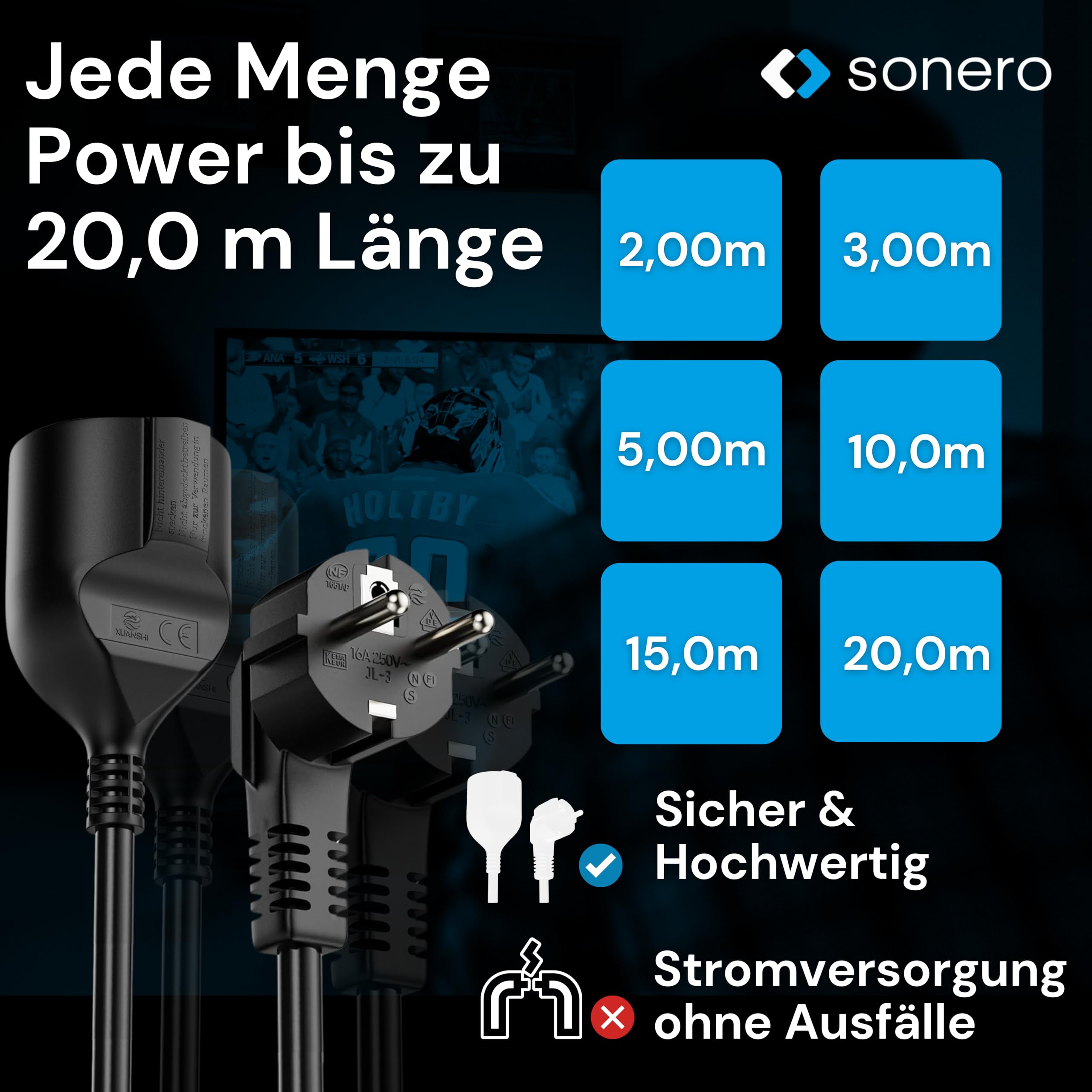 sonero Verlängerungskabel Stromkabel, Schutzkontakt Stecker Buchse, 20m