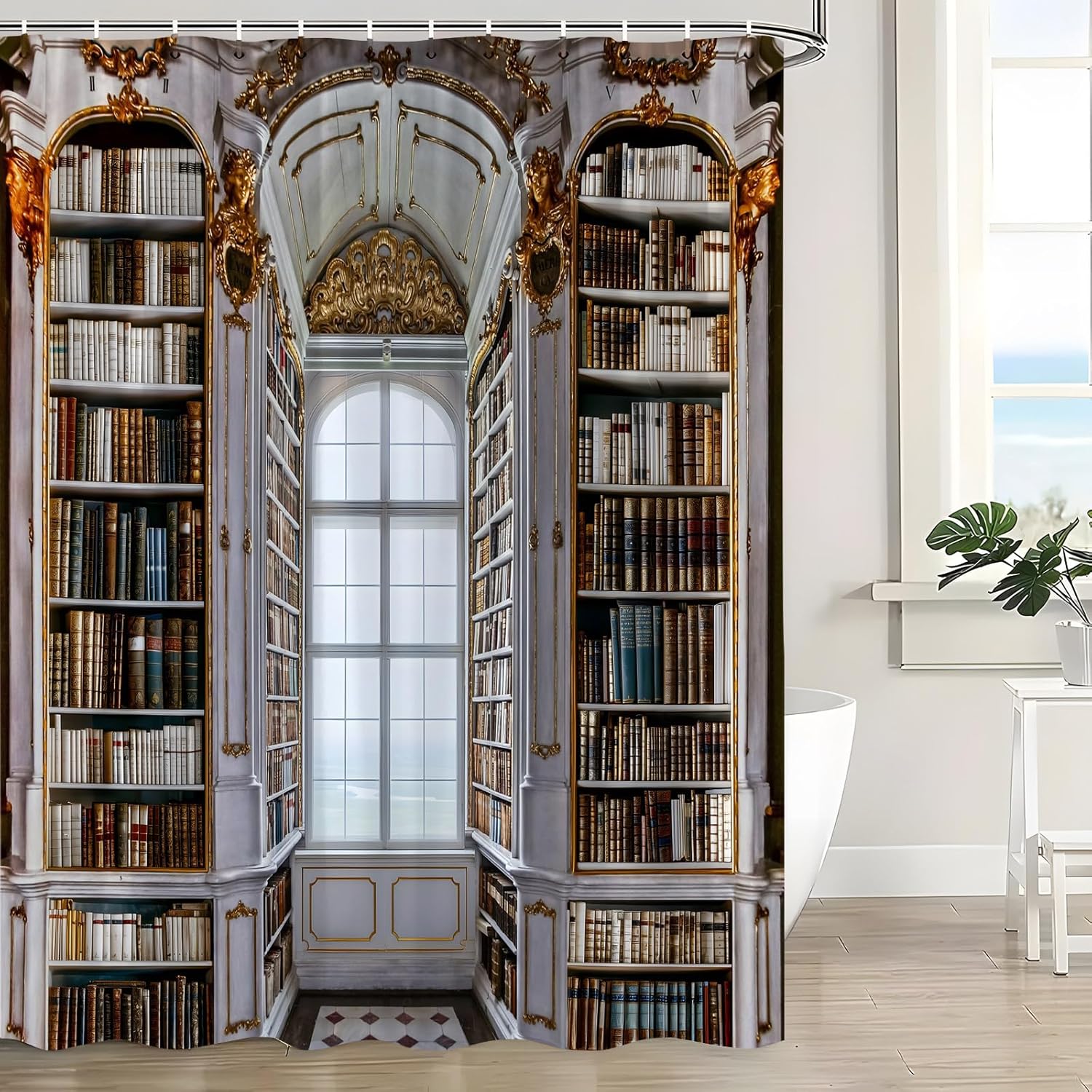 Library Shower Curtain Study Room European Western Bookcase Retro Book House Education Learning Reading Fashion Classic Fabric Bathroom Decor Curtain Set with Hook