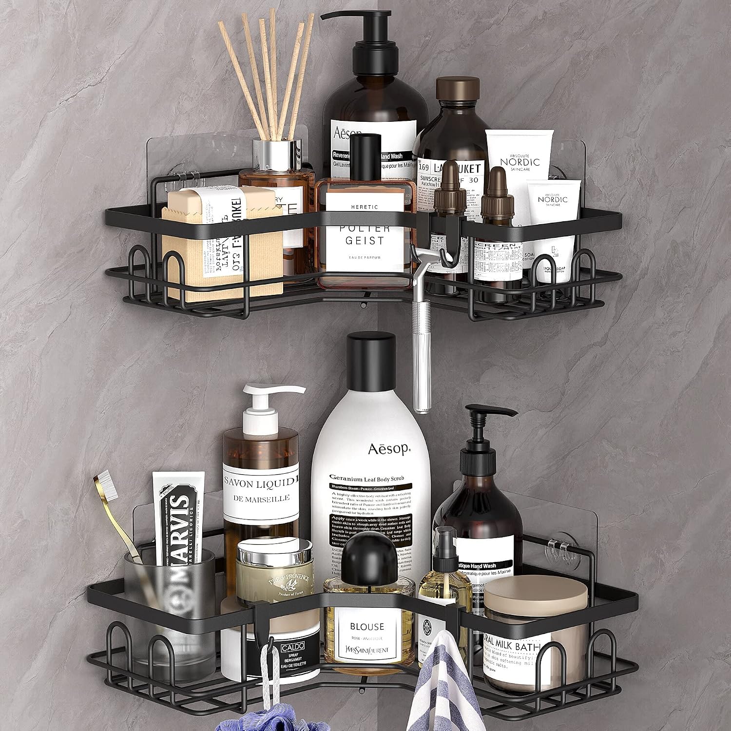 Black 2-Pack Corner Shower Caddy with Hanging Hooks