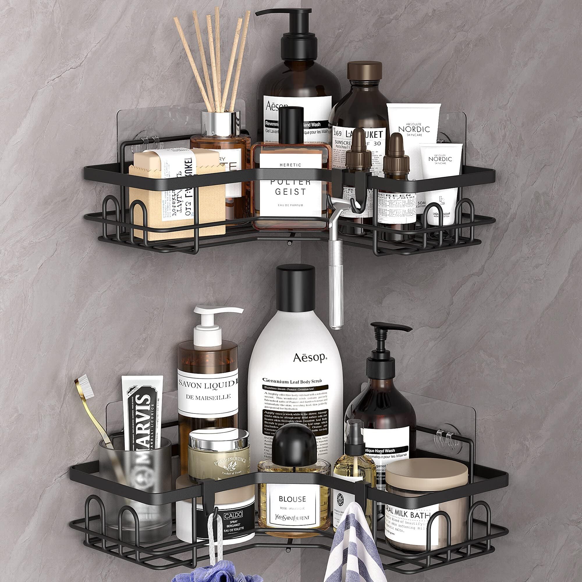 2 Pack Corner Shower Caddy Organizer Shelf with Hooks, Black Bathroom Shelves Storage Organization