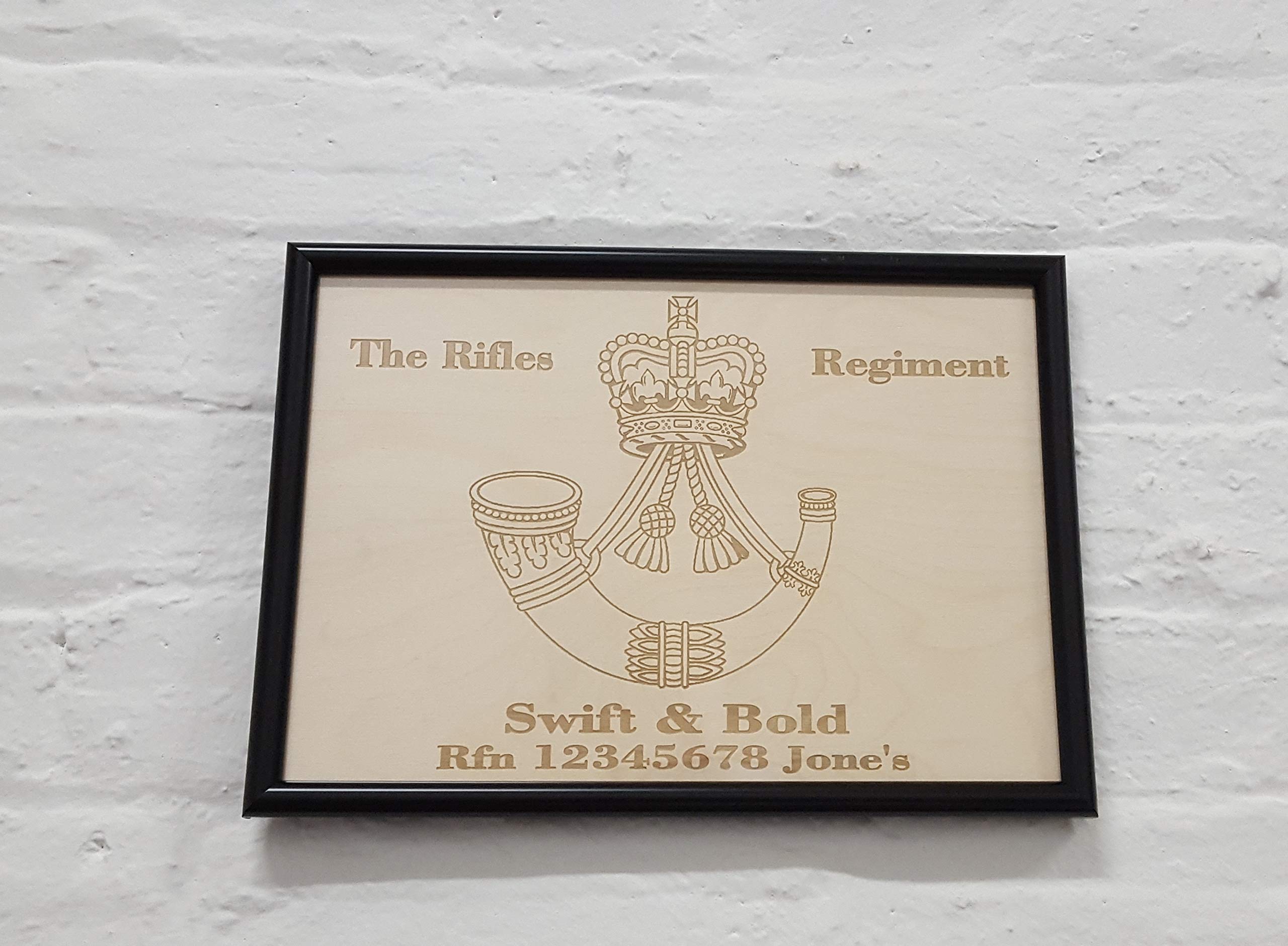 Cutncraft Designs Personalised The Rifles Regiment, Swift and Bold, Laser Engraved A4 wooden plaque/Flag for Bedroom Wall, Home or Office
