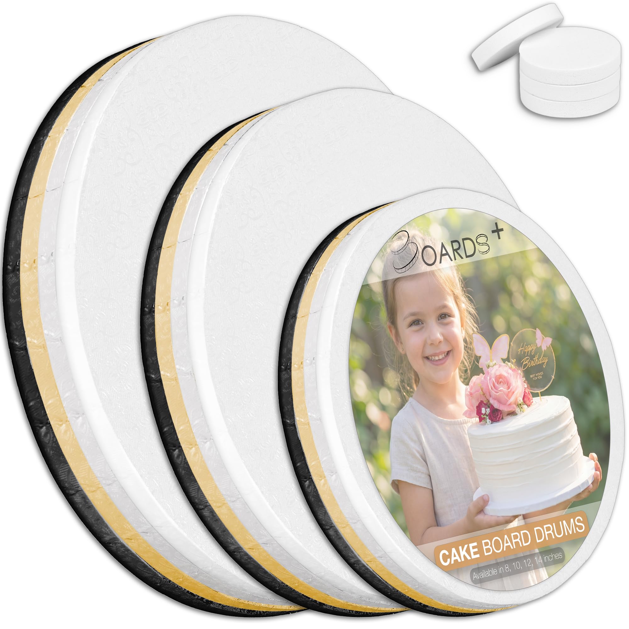 BOARDS+ Paquete de 12 tambores para tartas de 8, 10 y 12 pulgadas en color blanco, negro, plateado y dorado | Herramientas de apoyo incluidas | Totalmente a prueba de grasa de 1/2 pulgada de grosor |