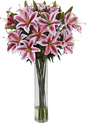 Miniatura 1 de Nearly Natural Rubrum Lily con arreglo floral de cilindro grande