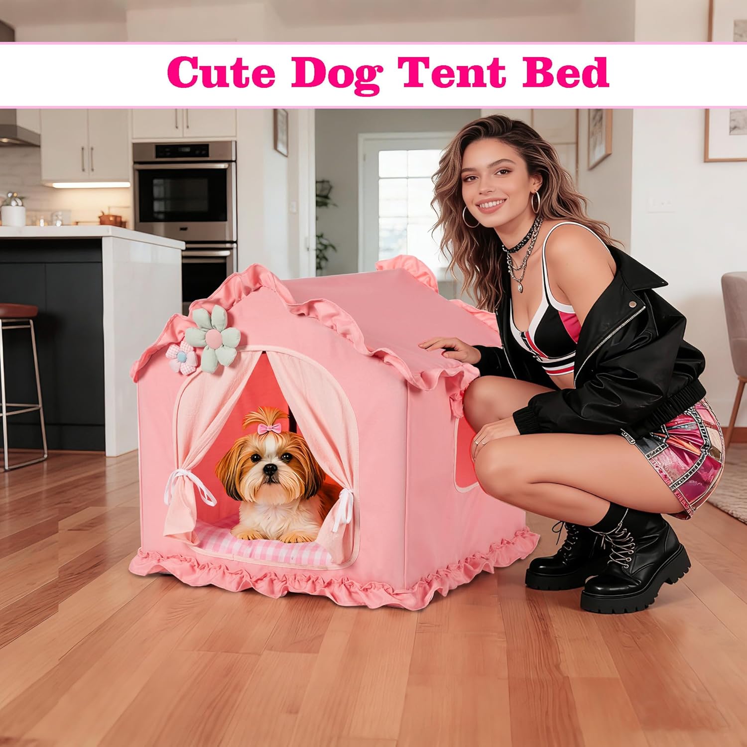 Pink Indoor Cat House with Frame and Princess Style Cat Houses for Indoor Cats, Washable Cat Bed & Cat Tent, M Size (17×17×17 Inches) for 8-20 lbs. Pets.