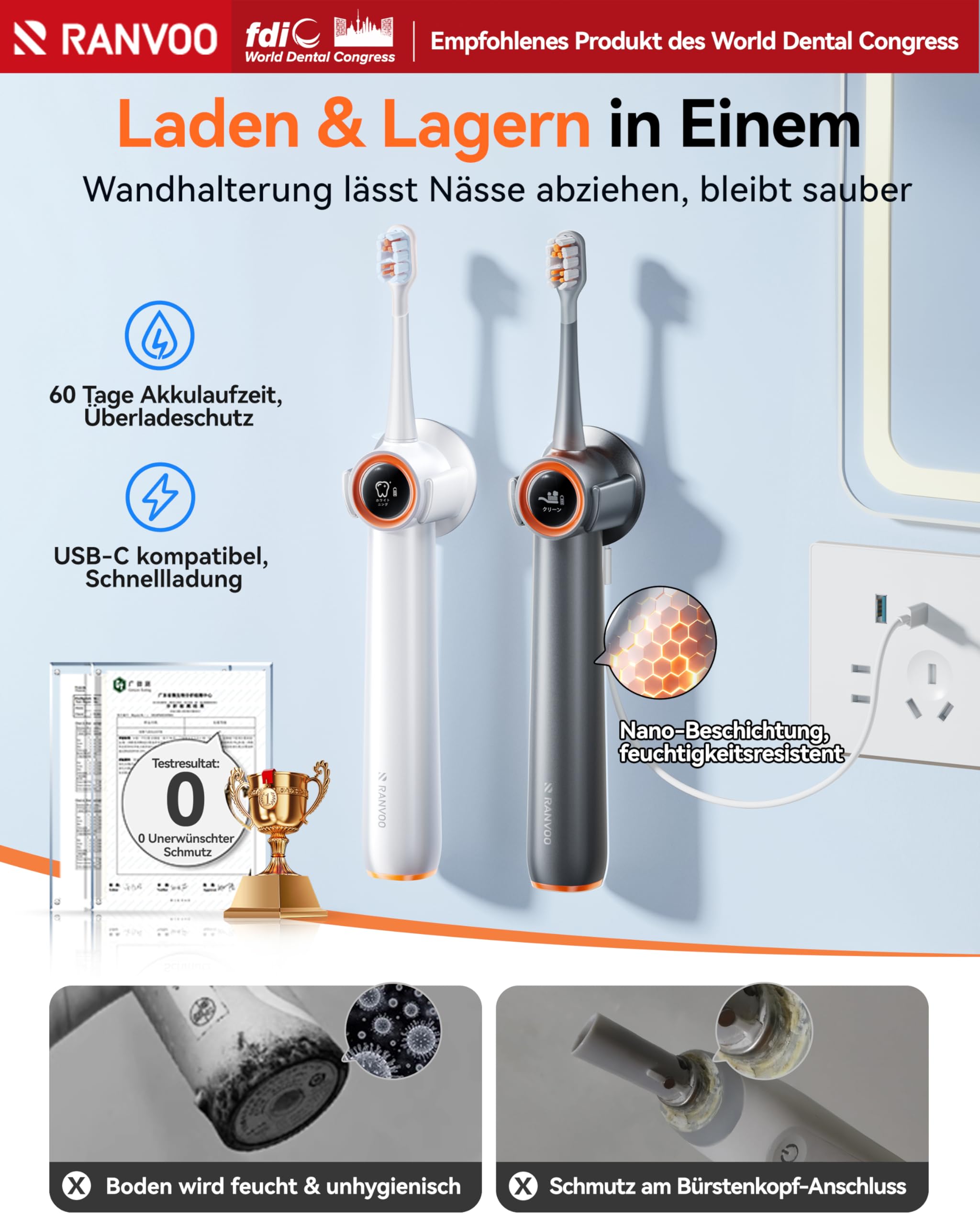 RANVOO AirJet X3 [Maximale Jet-Reinigung] Elektrische Zahnbürste Schall,AirJet Technologie, Plaque Entfernung, Zahnaufhellung, Zwischenräume, für Zahnspange, 2 weiche Bürstenköpfe Weiß