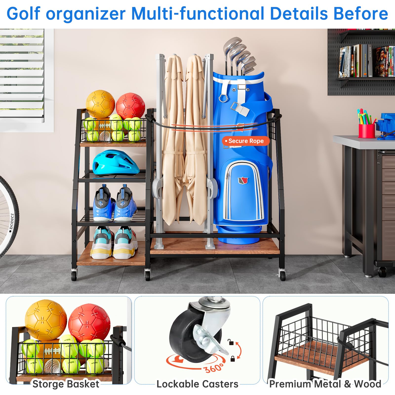 Support de Rangement pour Clubs de Golf avec roulettes, Organisateur Robuste pour Sacs de Golf, Grand Support pour Équipements de Golf, Meuble de Rangement pour Maison et Garage