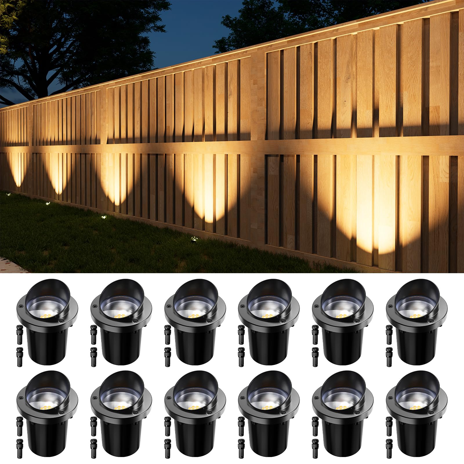 Photo 1 of 12 Pack Low Voltage In-Ground Lights with Glare Shield, 3000K Warm White LED Aluminum Paver Lighting, Waterproof 12-24V Outdoor Uplights for Driveway, Fence, Trees, Walls & Patio, Connectors Included