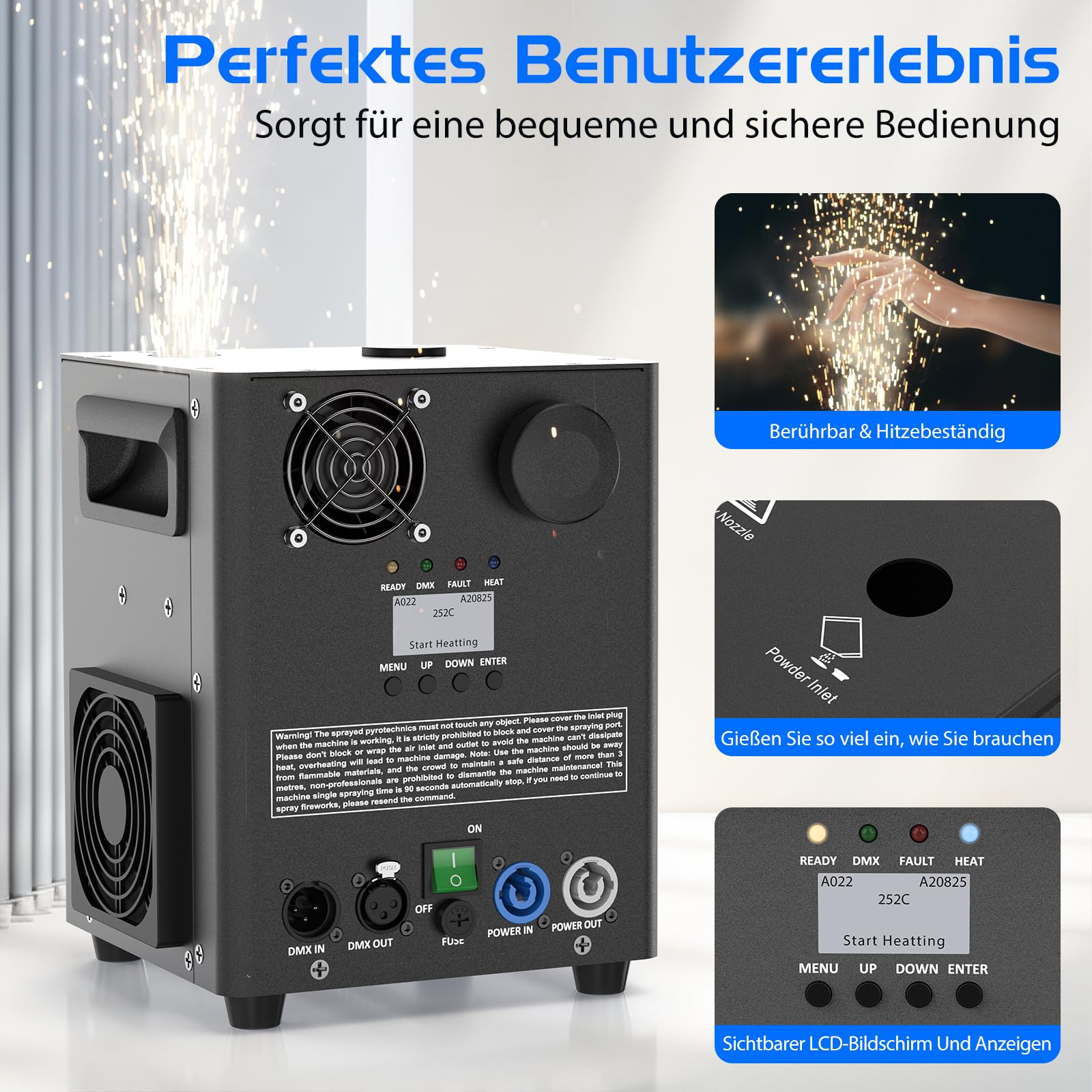 800 W macchine pirotecniche, 2 macchine DMX Cold Spark con flightcase, riscaldamento a resistenza per feste, Natale, DJ, matrimoni, eventi sportivi