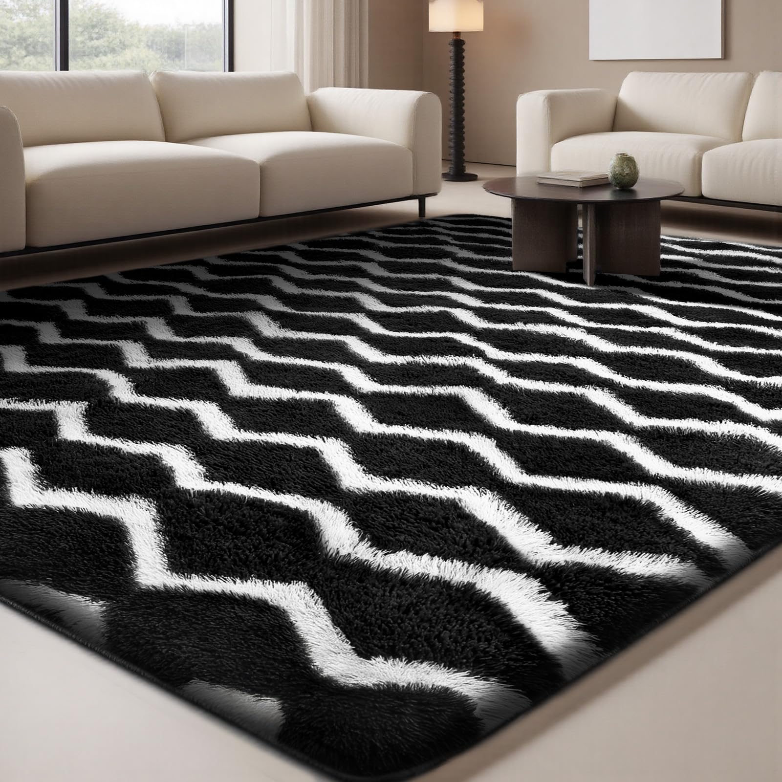 Sour Lemon Alfombra Salón Pelo Largo a Rayas, Alfombra Shaggy Grande Antideslizante para Dormitorio, habitación de los niños, Alfombra Lavable Moderna y Suave, En Blanco y Negro, 160x230 cm
