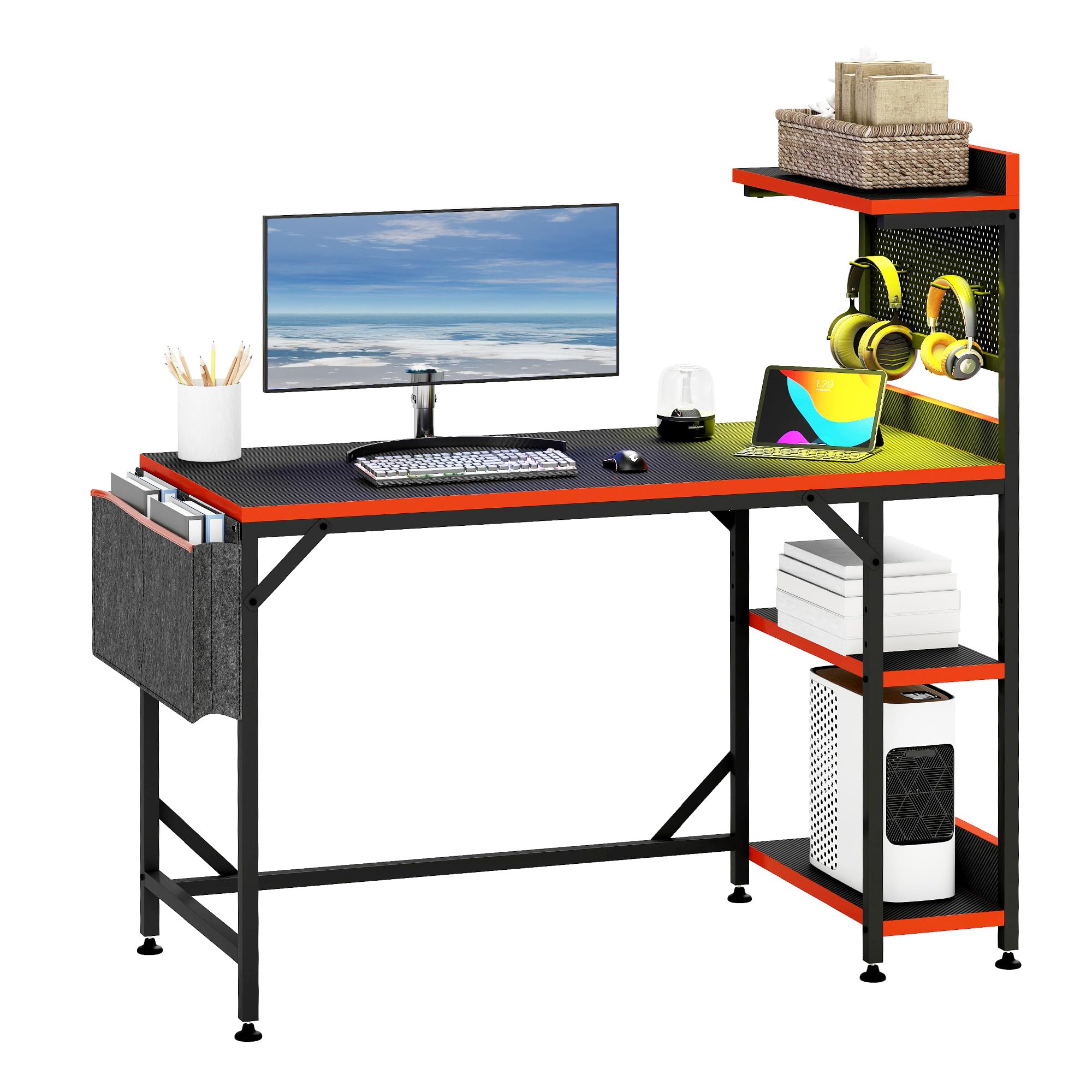 YITAHOME Computer Desk with Shelves Power Outlet LED Reversible 113cm Black